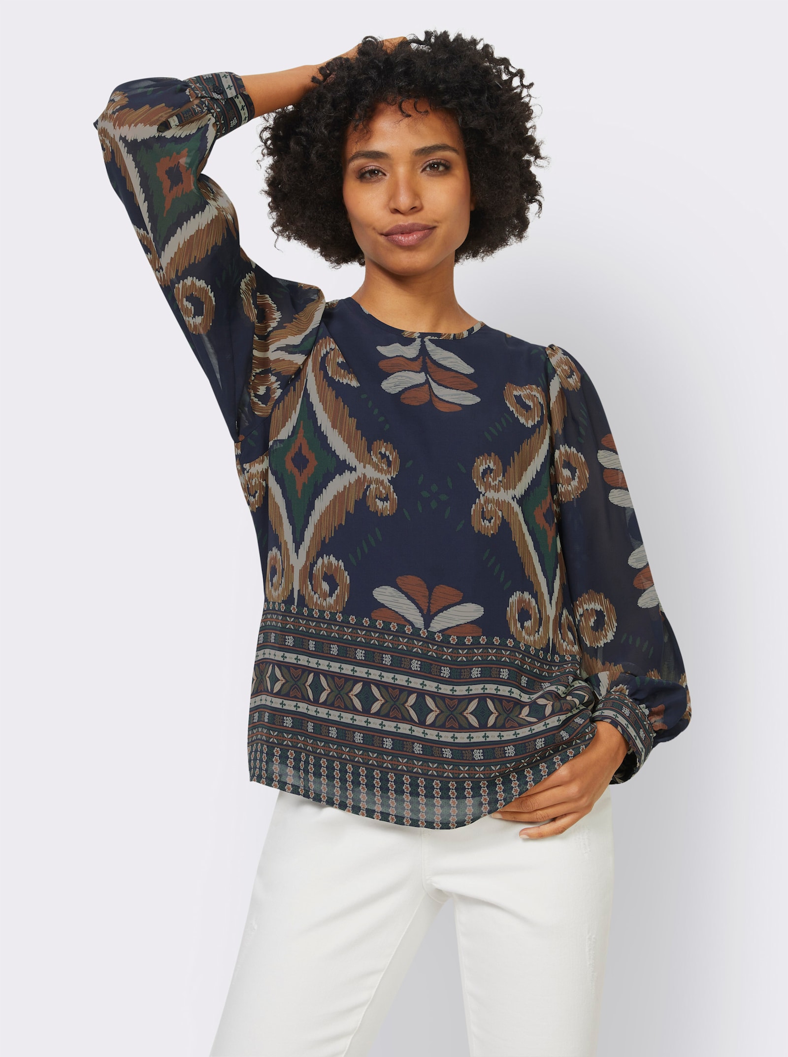 heine Schlupf-Bluse mit Bordüren-Druck - marine-cognac-bedruckt