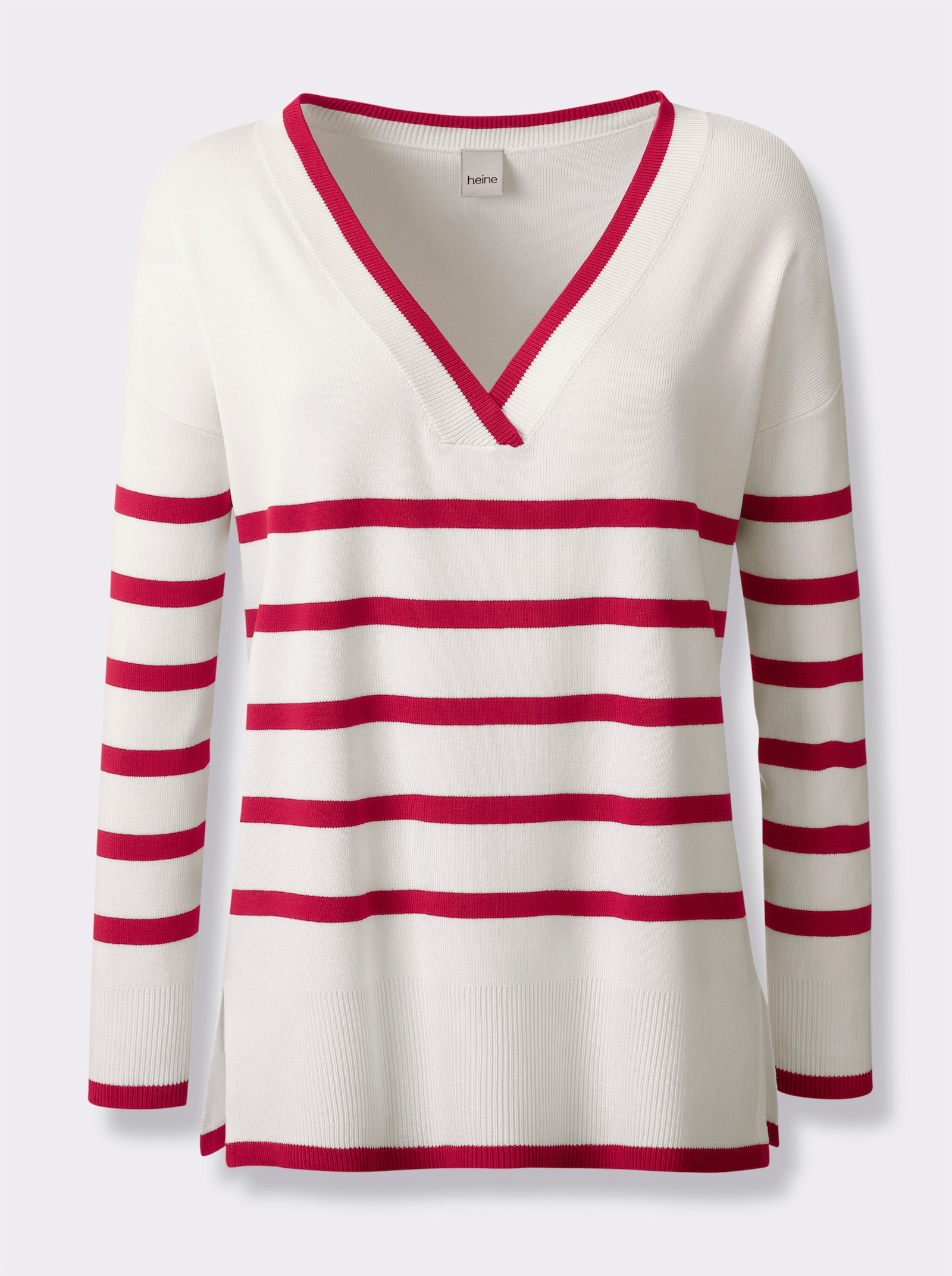 heine Streifenpullover mit V-Ausschnitt - rot-ecru-geringelt