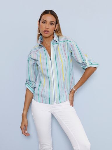 Hemdbluse mit Faltenpartie hinten - weiß-taubenblau-gestreift