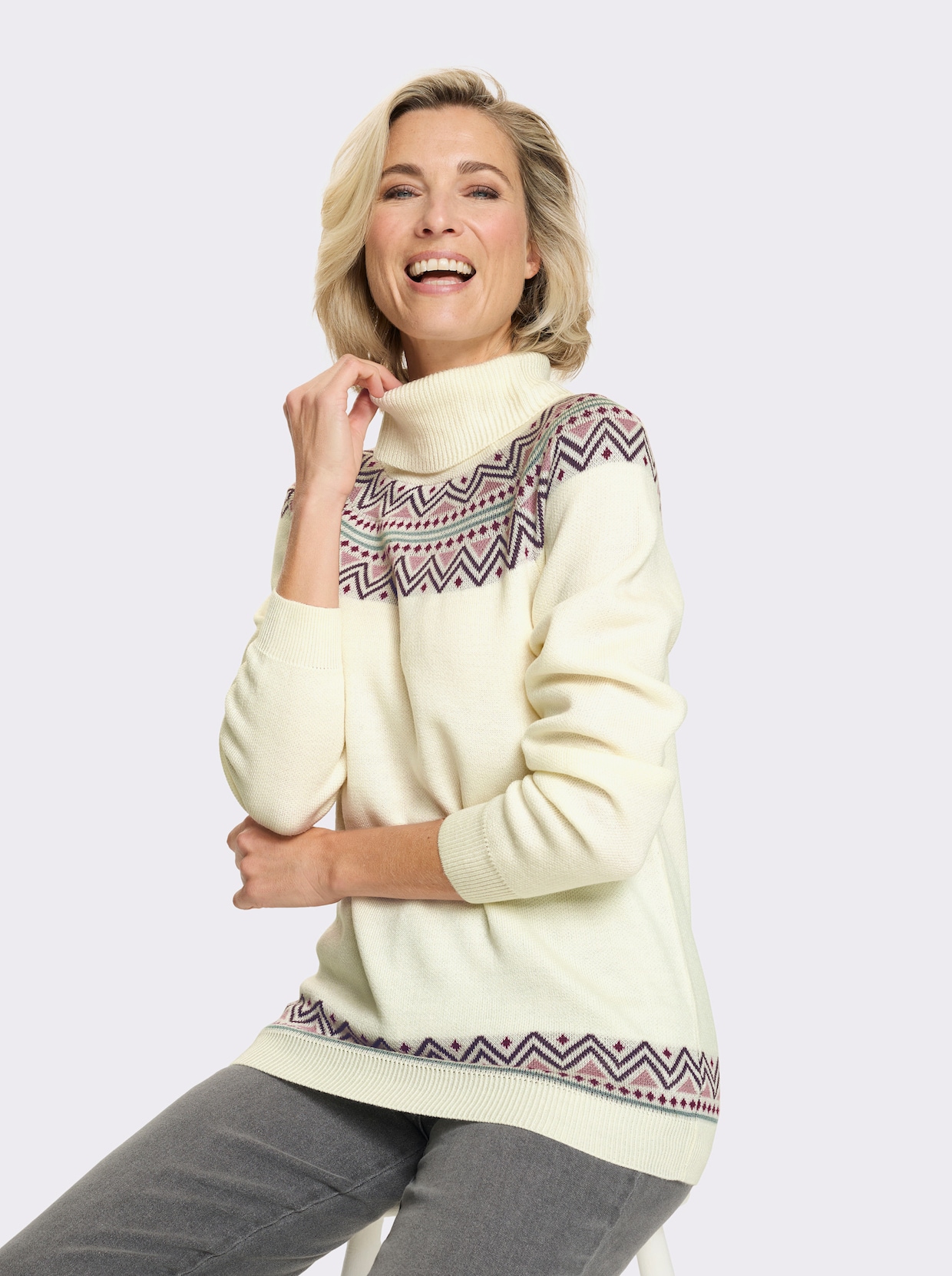 Pullover met rolkraag en Noors patroon - ecru/jade gedessineerd