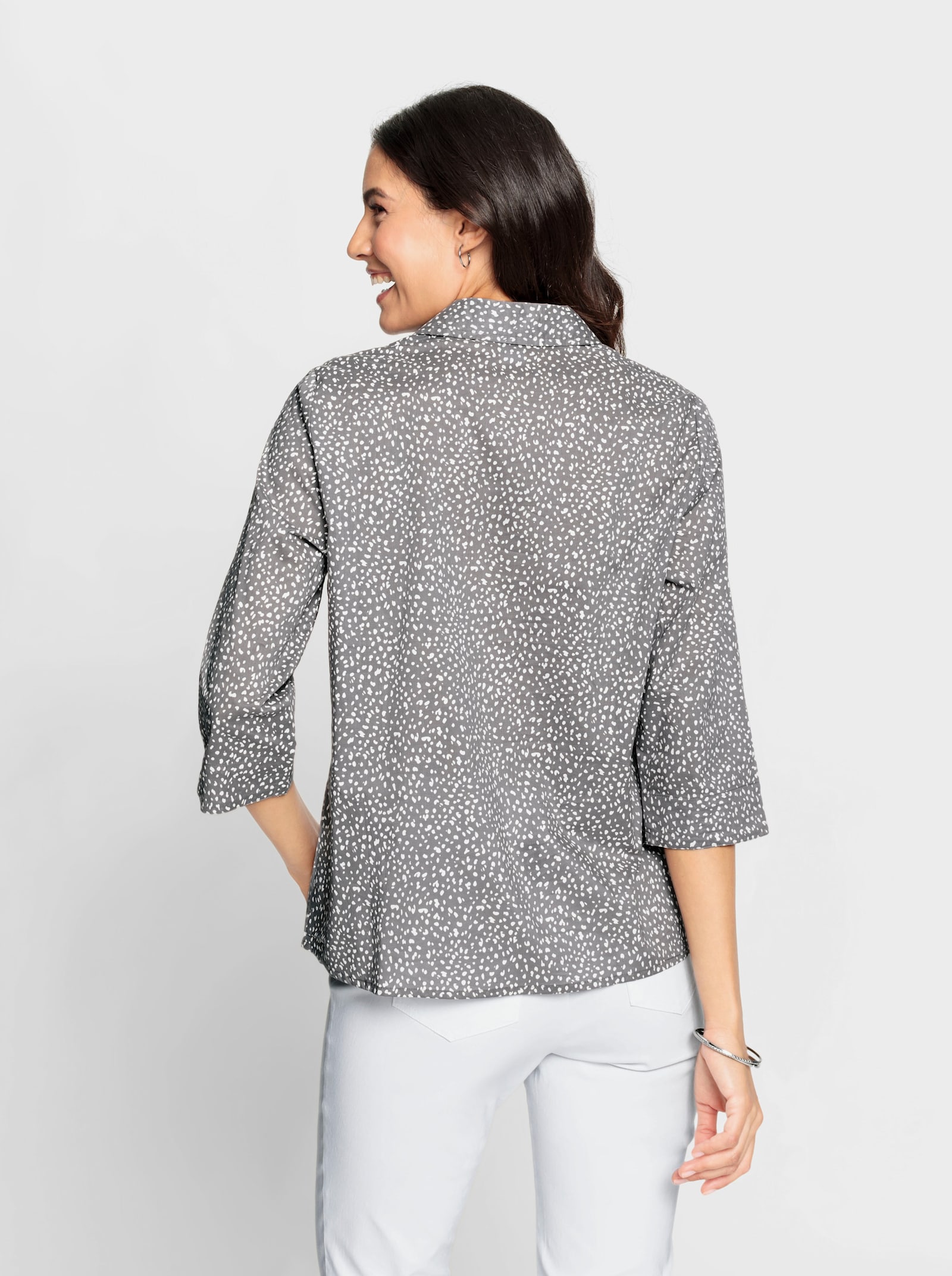 Baumwollbluse mit offenem Hemdkragen - grau-weiß-bedruckt