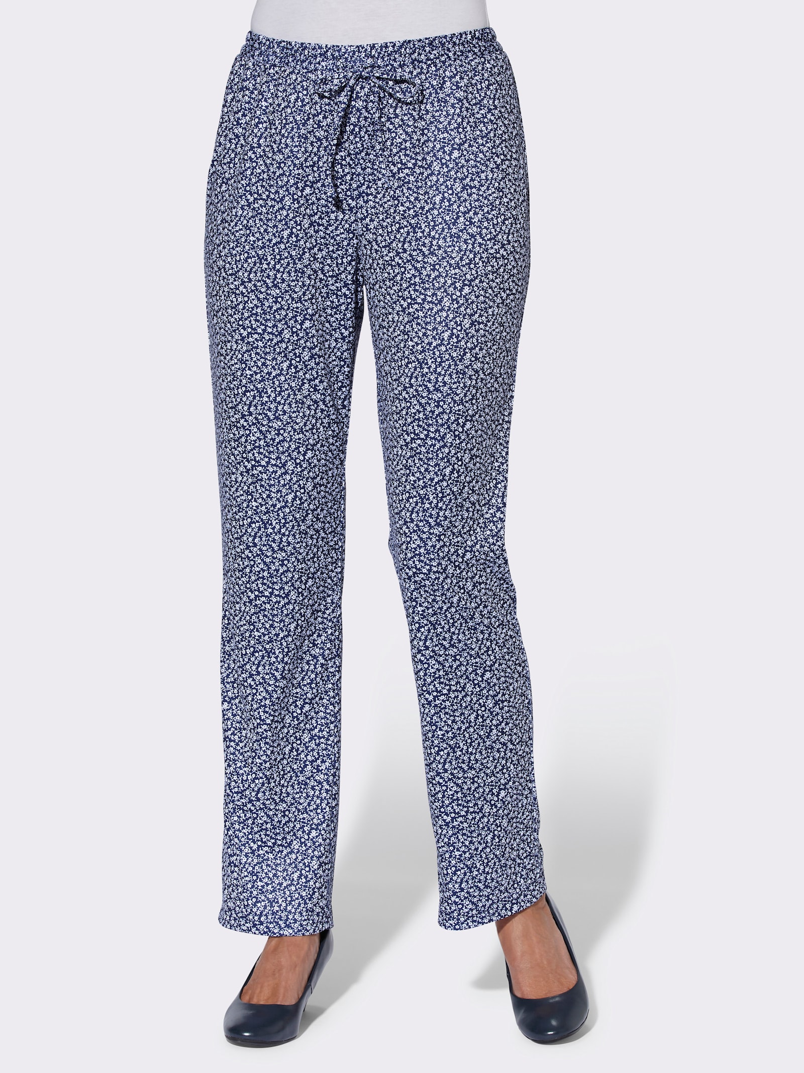 Jerseybroek in comfortmodel - marine gebloemd