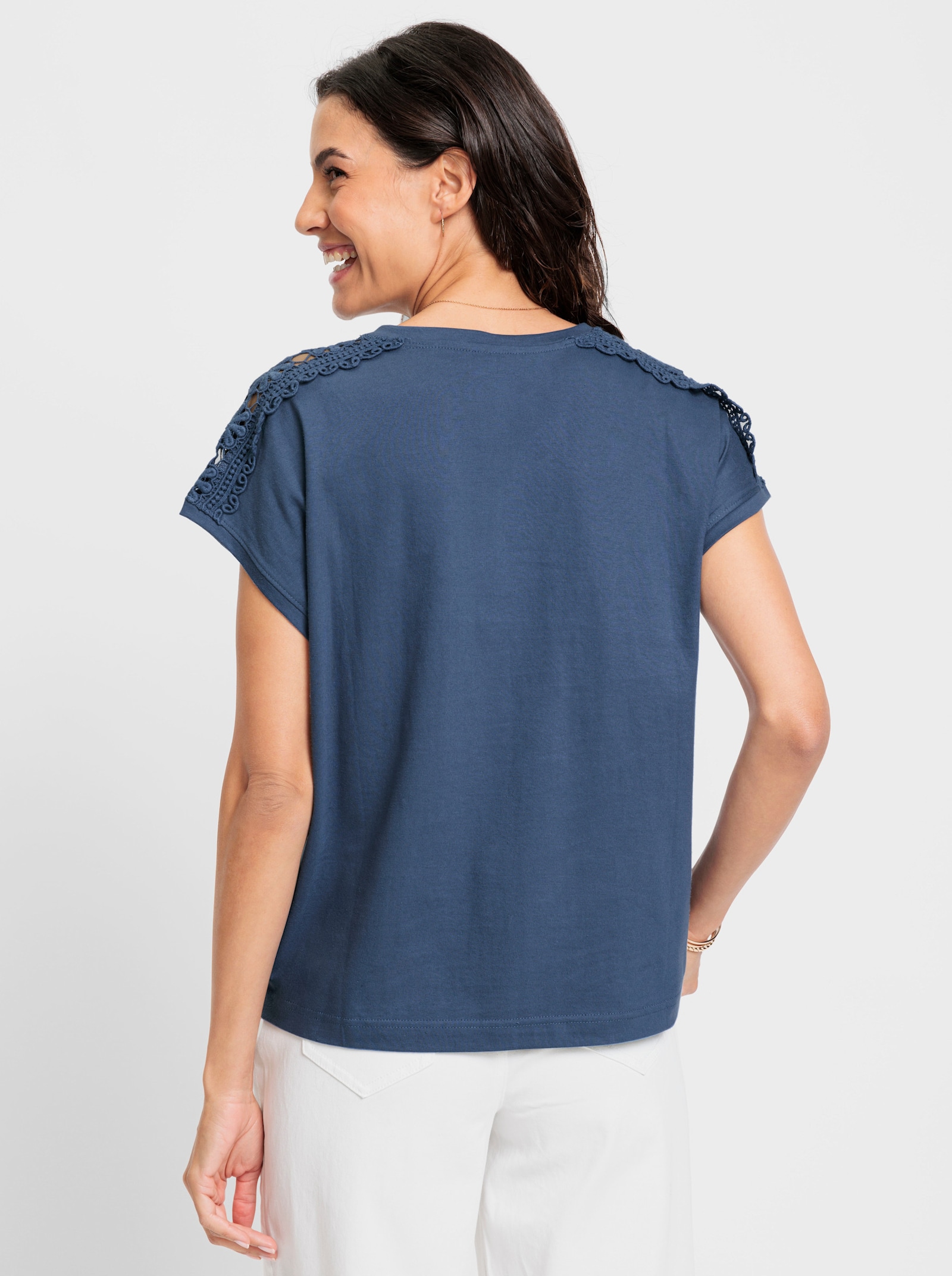 Shirt met gehaakt kant en V-hals - jeansblauw