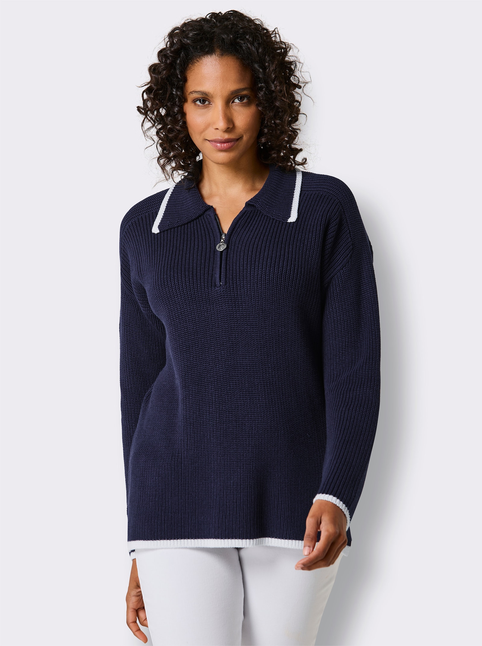 CREATION L PREMIUM Polopullover in Feinripp-Struktur - marine