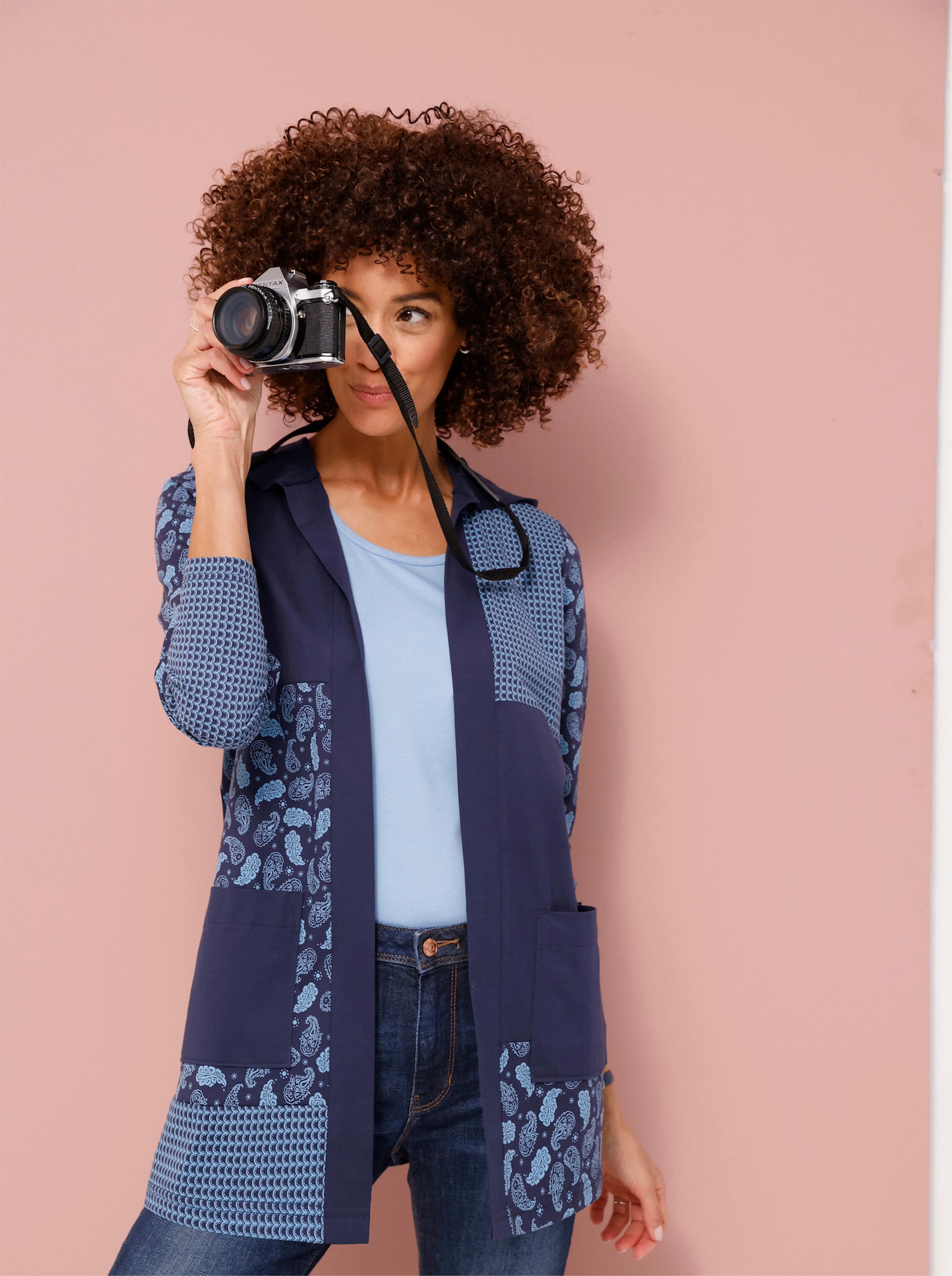 Shirtjacke mit Patchwork-Druck - marine-mittelblau-bedruckt