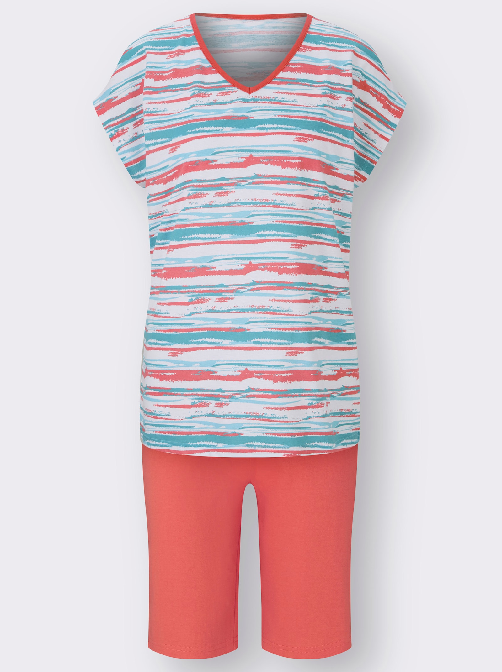 Kortärmad pyjamas i enkelstickad trikå - gräddvit-korall