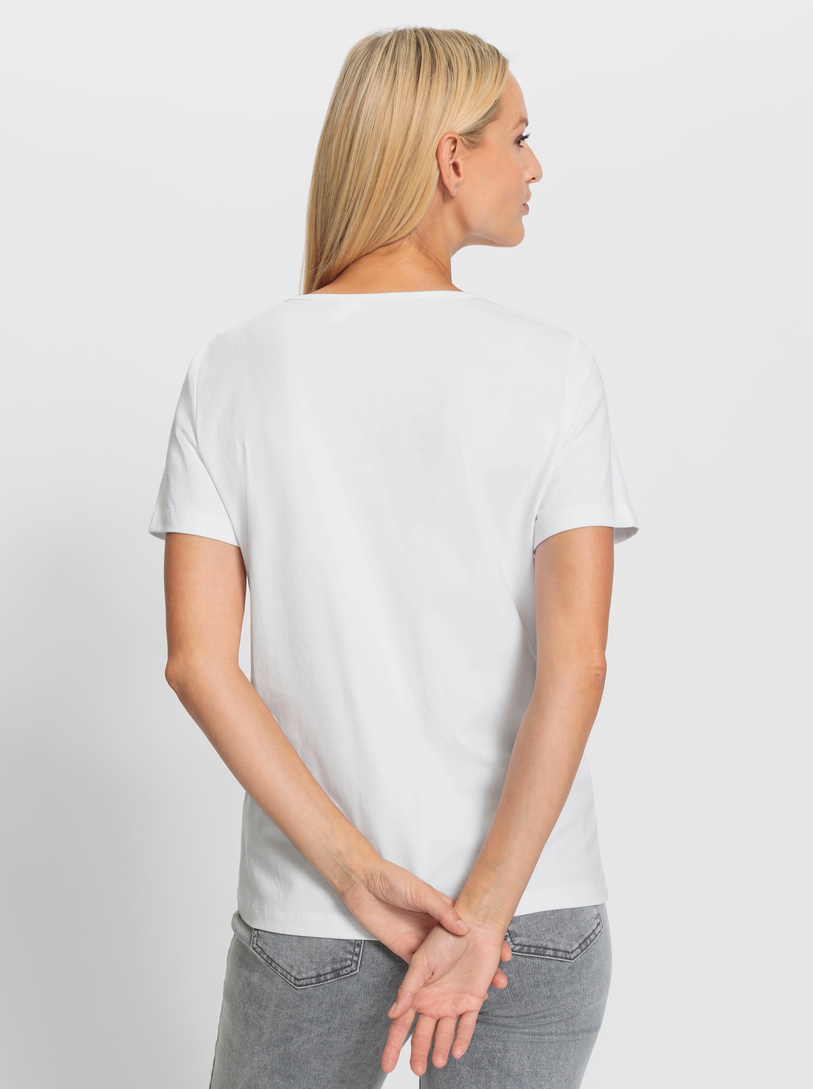 heine Shirt met korte mouw, pailletten en glittersteentjes - wit/koraal bedrukt