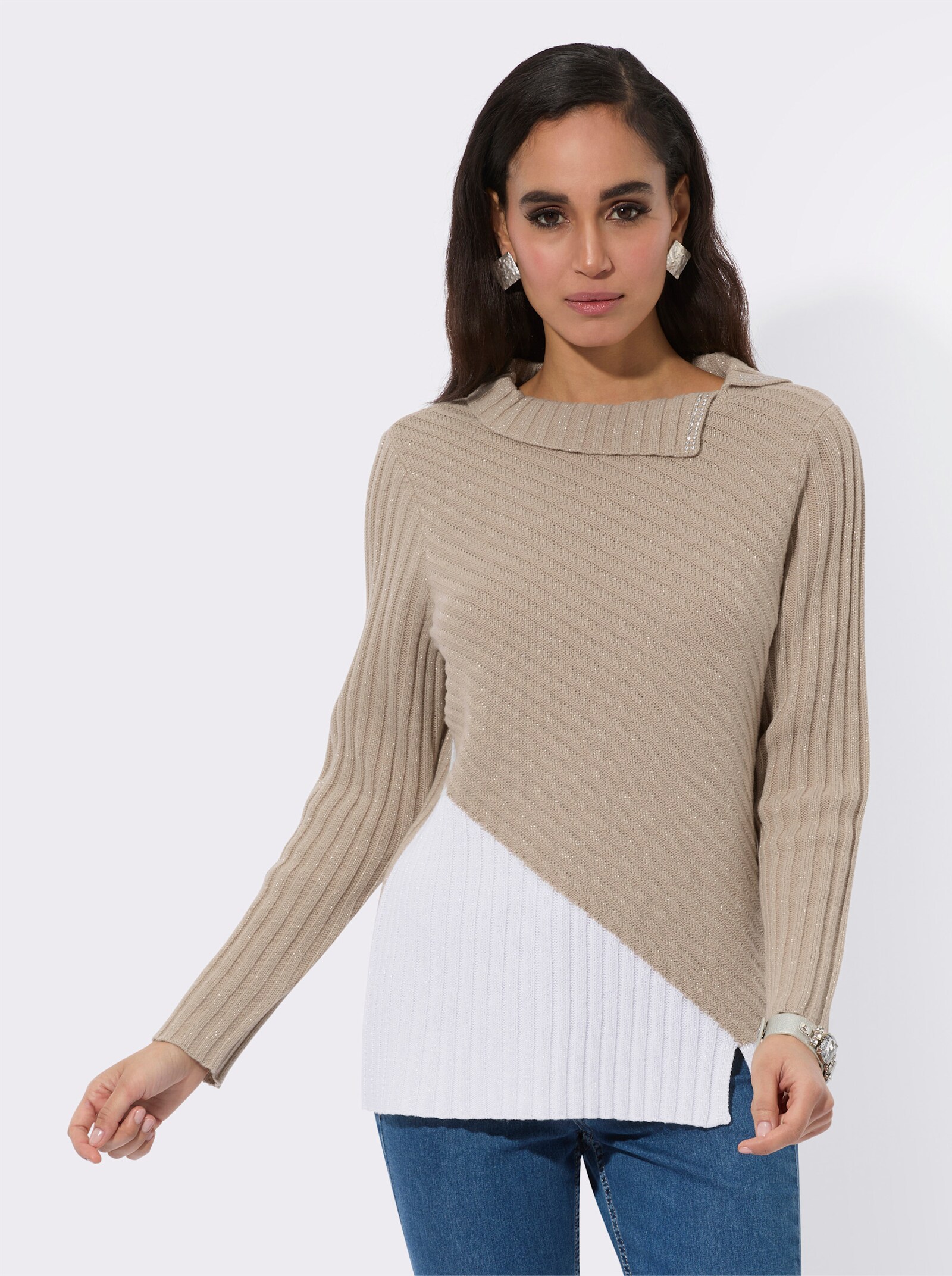 Jacquard-Pullover mit Schurwoll-Anteil - beige-ecru-gemustert