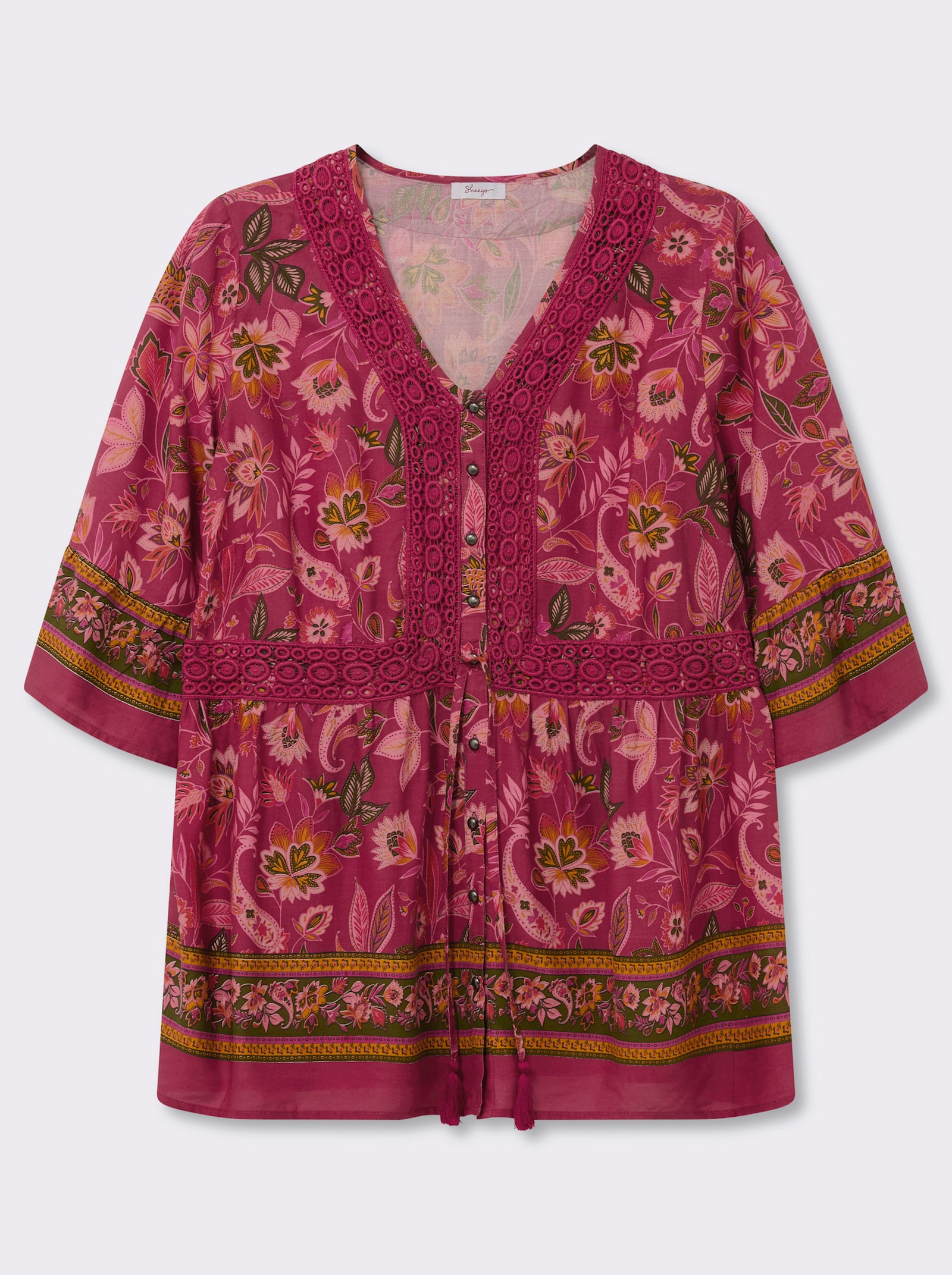 sheego by Joe Browns Volantbluse mit floralem Alloverdruck - kirsche-flamingo-gemustert