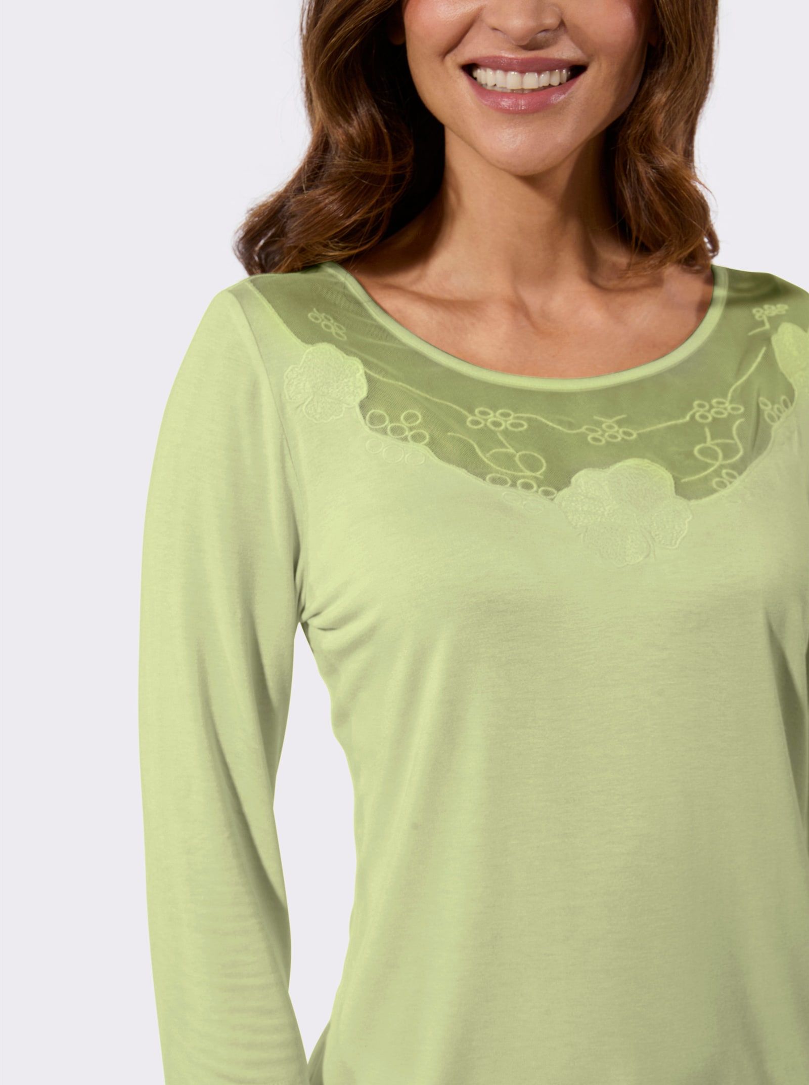 Shirt met 3/4-mouwen en transparante inzetten - pistache