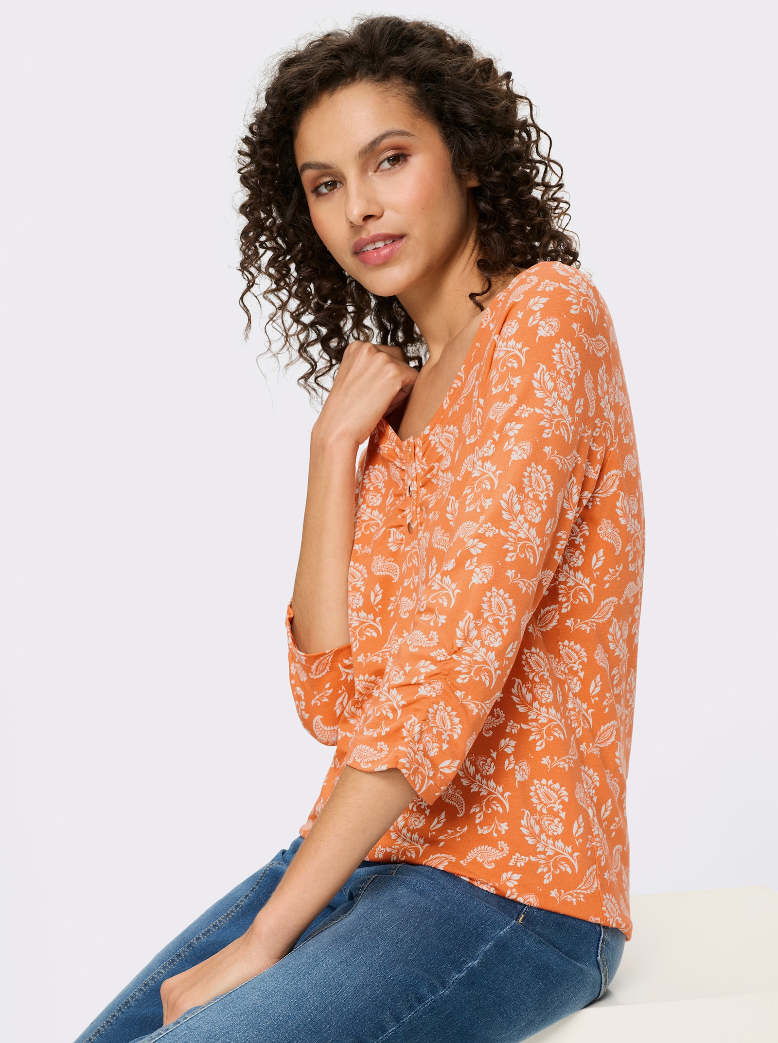 heine 3/4-Arm-Shirt - ecru-papaya-bedruckt