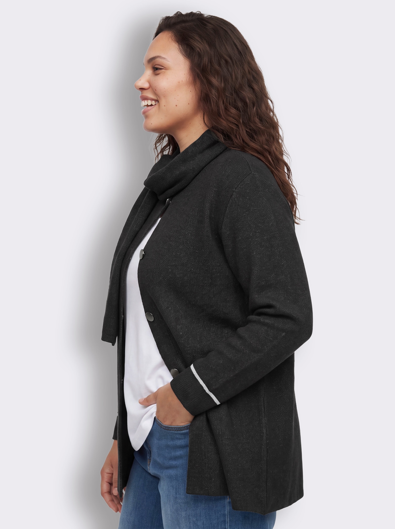 sheego Strickjacke mit Glanzgarn - schwarz-anthrazit-meliert