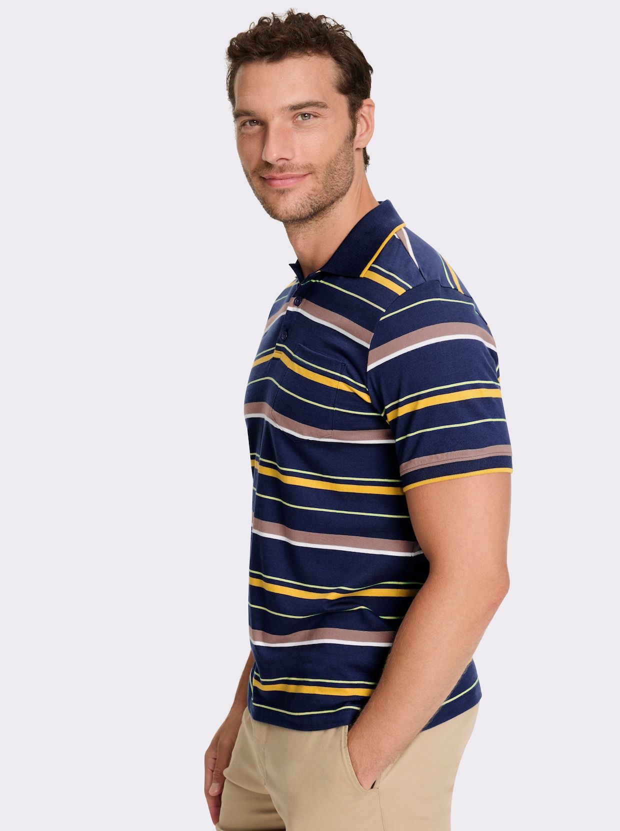 Marco Donati Kurzarmshirt - dunkelblau-ocker-gestreift