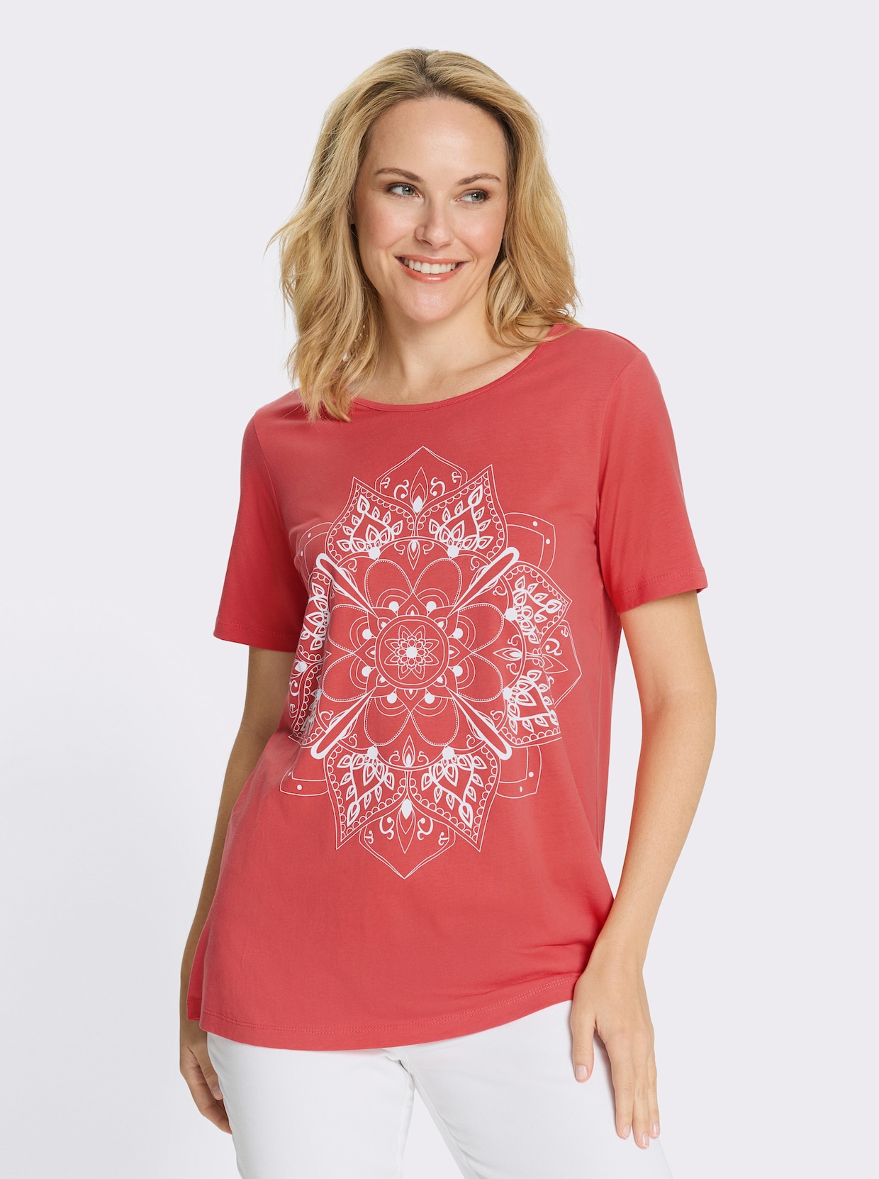 Longshirt mit Mandala-Motiv - grapefruit-weiß
