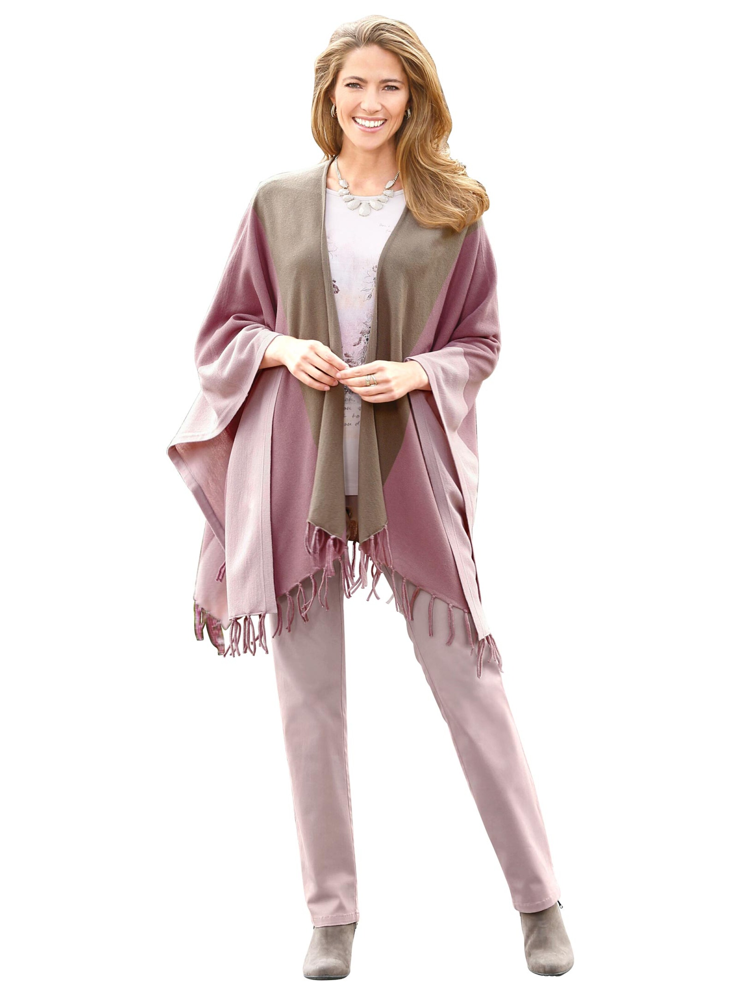 Strickponcho - taupe-rosé-gestreift