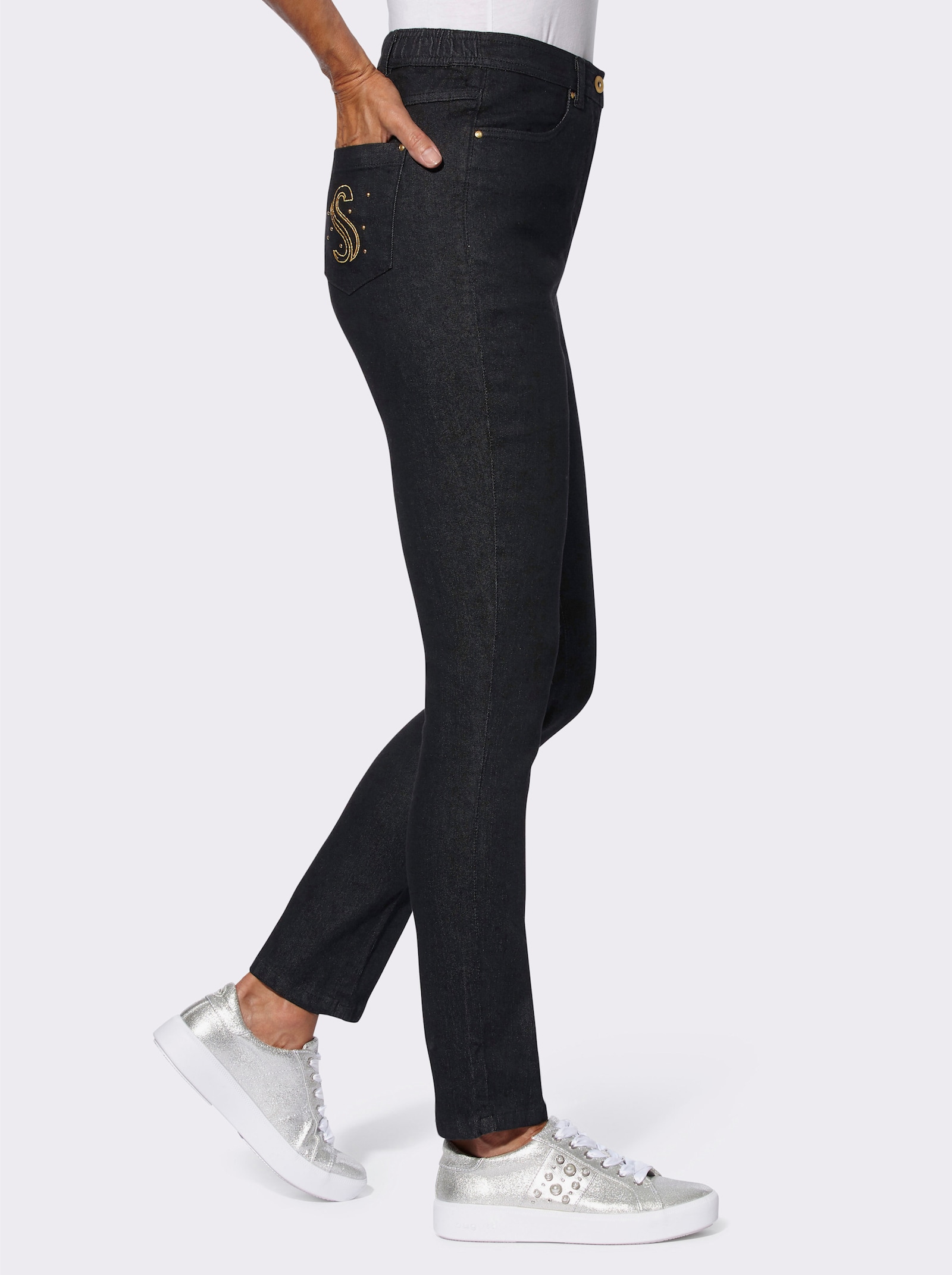 Jeans mit Taschen-Verzierung - black denim