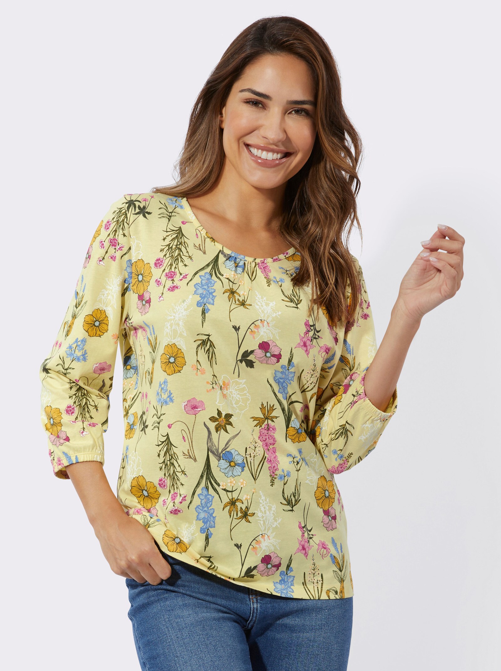 Shirt met 3/4-mouwen en bloemenprint - citroen/olijf bedrukt