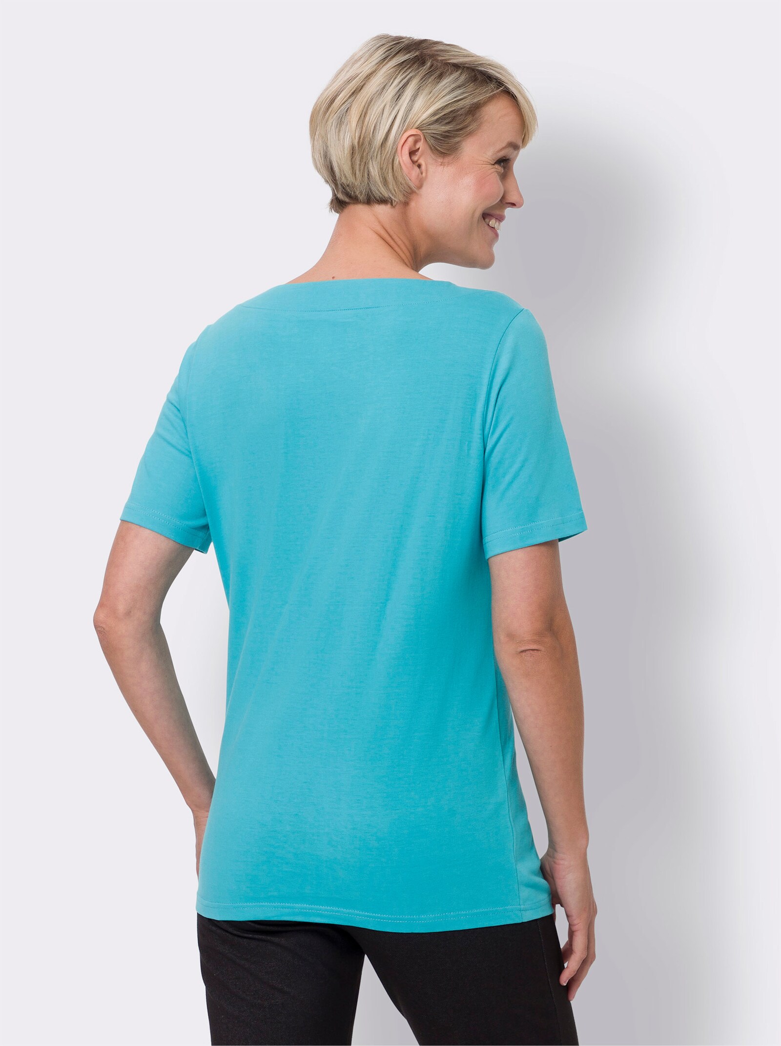 Shirt met korte mouwen en bindstrikje bij de hals - turquoise/ecru