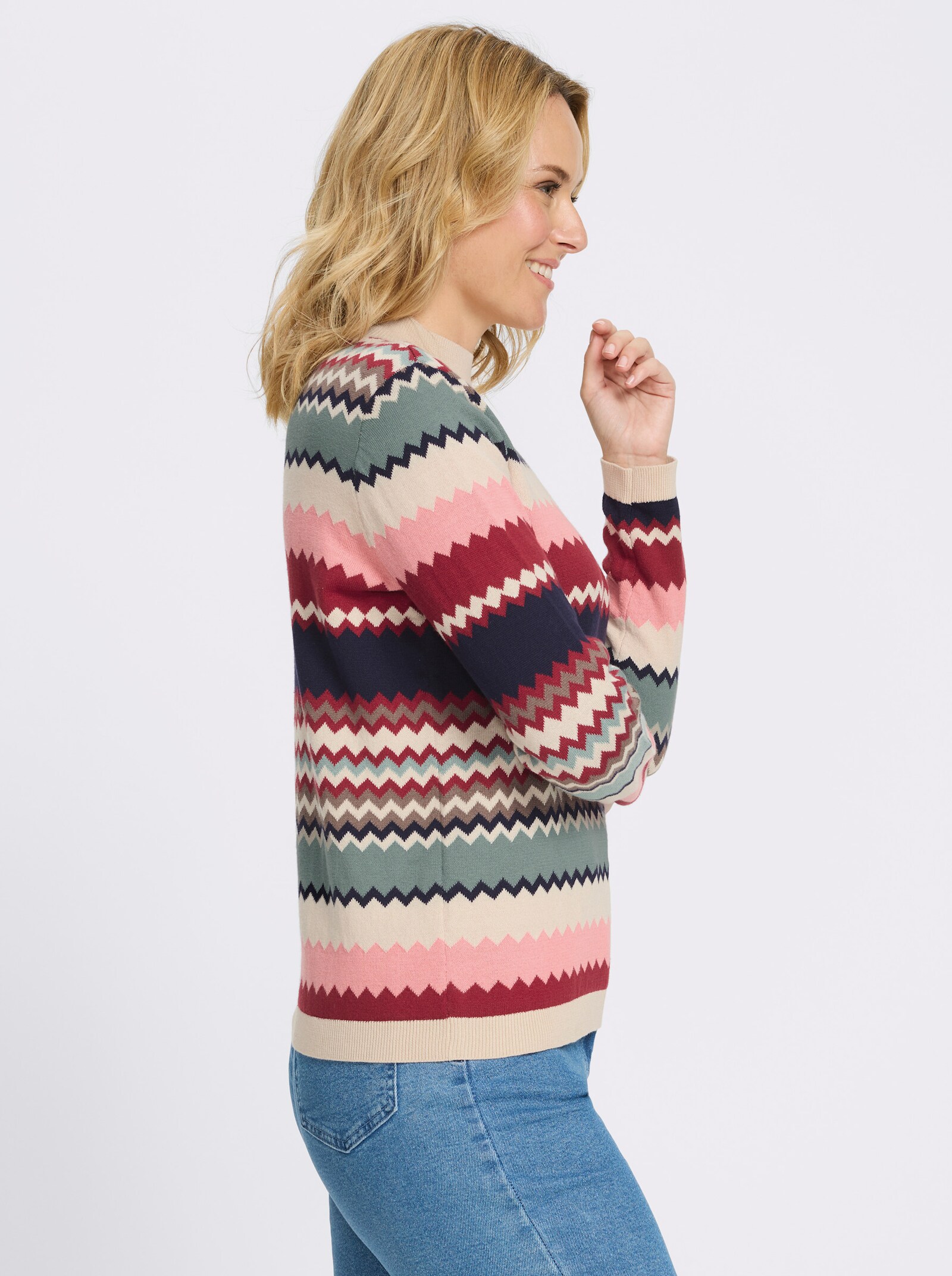 Stehkragenpullover in Jacquard-Strick - jade-kalkmint-geringelt