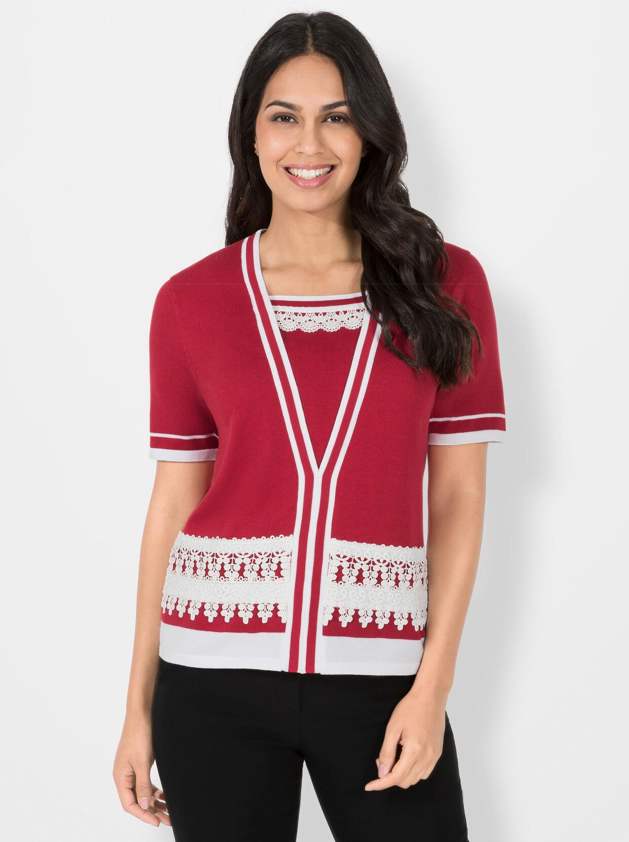 2-in-1-Pullover - rot-weiss-gemustert