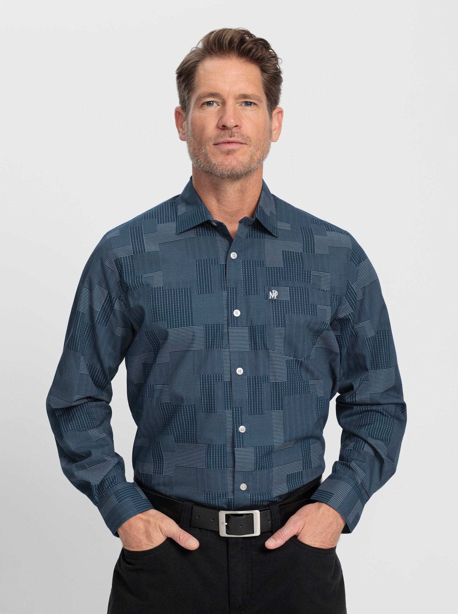 Marco Donati Langarmhemd - rauchblau-weiß-gemustert