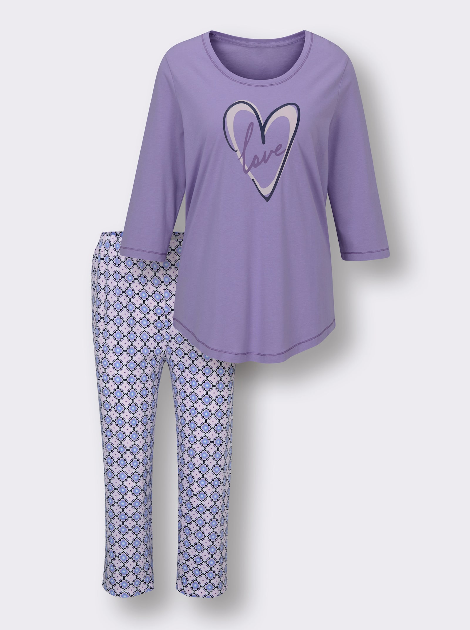 wäschepur Pyjama met hartjesmotief - lavendel/ecru bedrukt