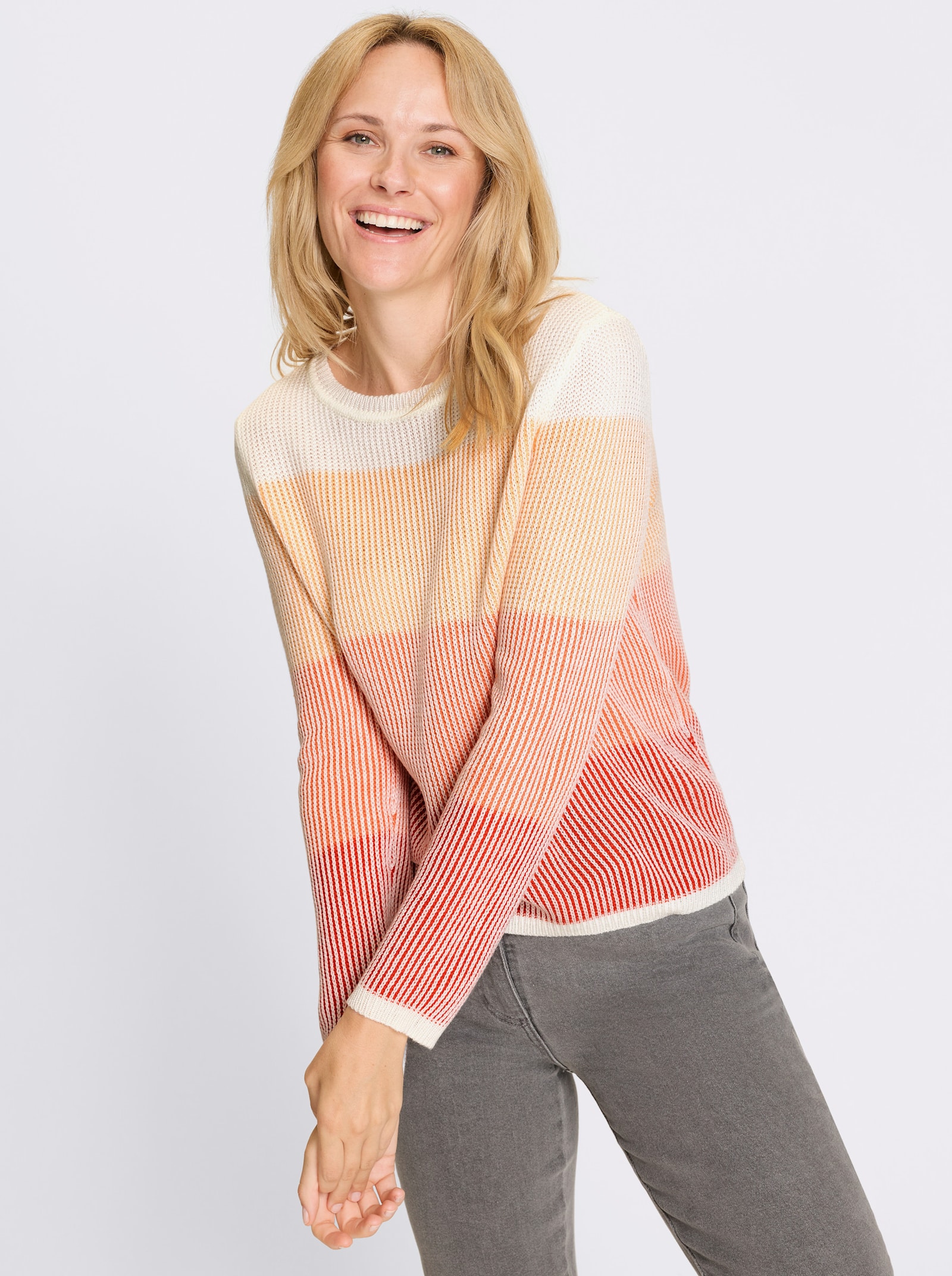 Rundhalspullover in Rippen-Optik - terra-papaya-gemustert