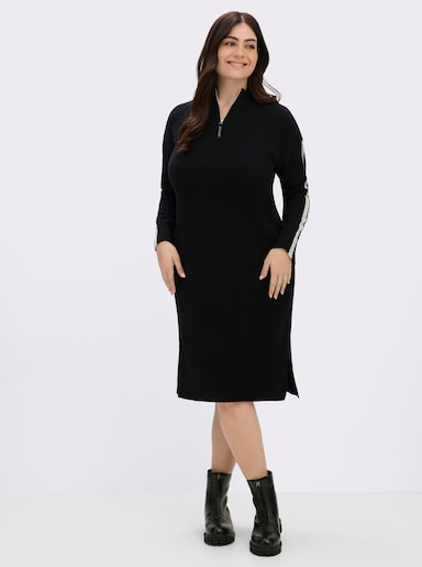 sheego Strickkleid mit Lurexstreifen am Ärmel - schwarz