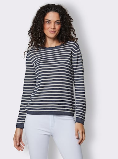 CREATION L PREMIUM Rundhalspullover im Ringel-Dessin - rauchblau-ecru-geringelt