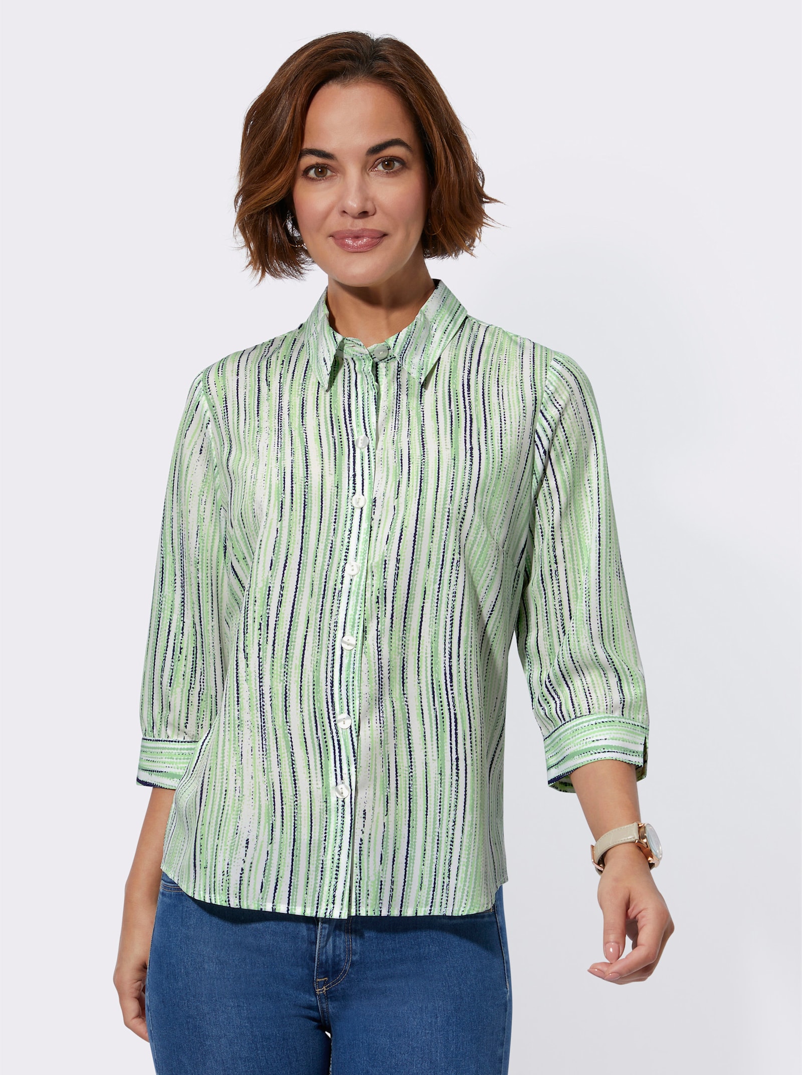 Gestreepte blouse met afgeronde zoom - reseda/ecru bedrukt