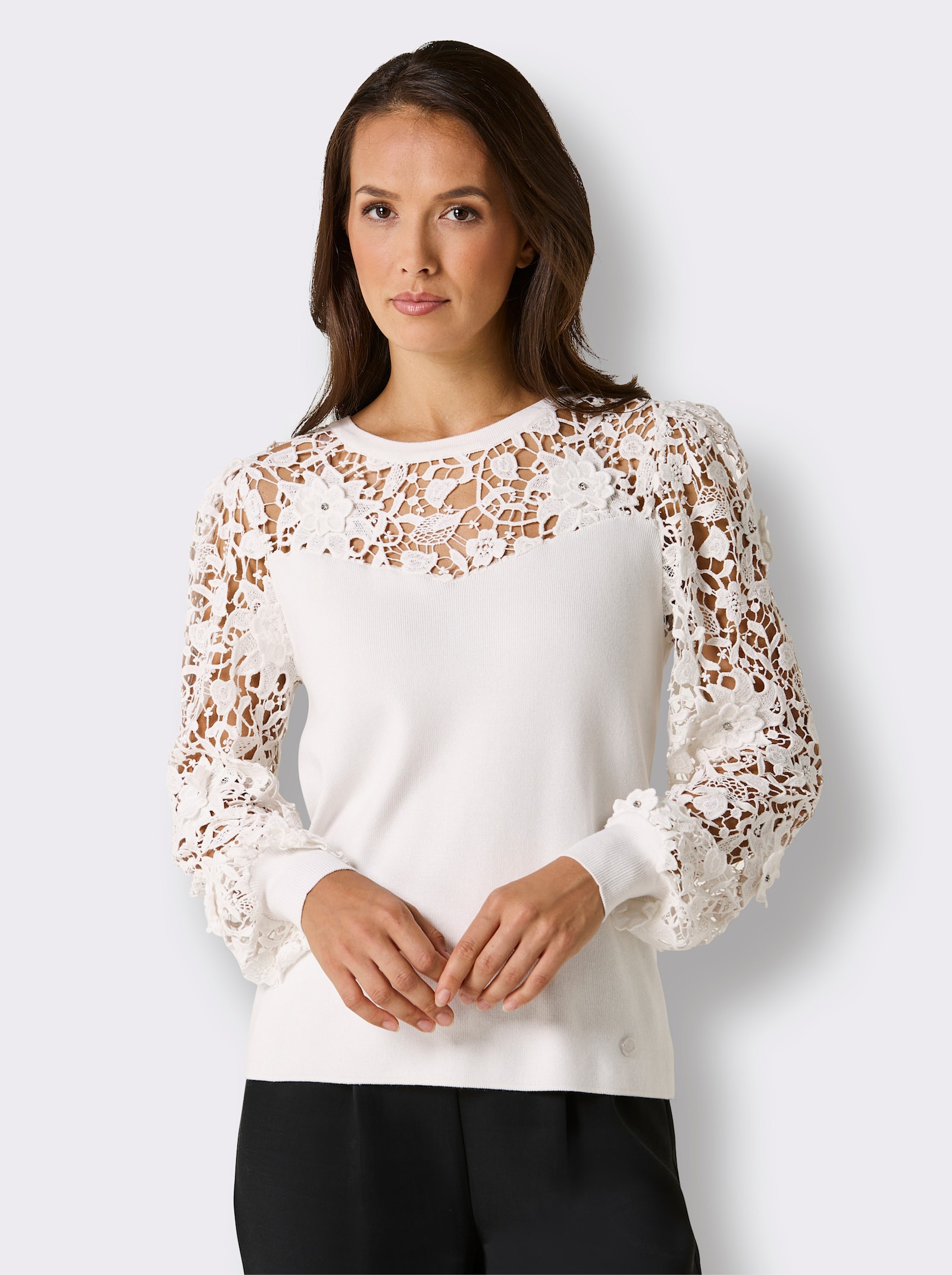 CREATION L PREMIUM Rundhalspullover mit Ballonärmeln aus Spitze - ecru