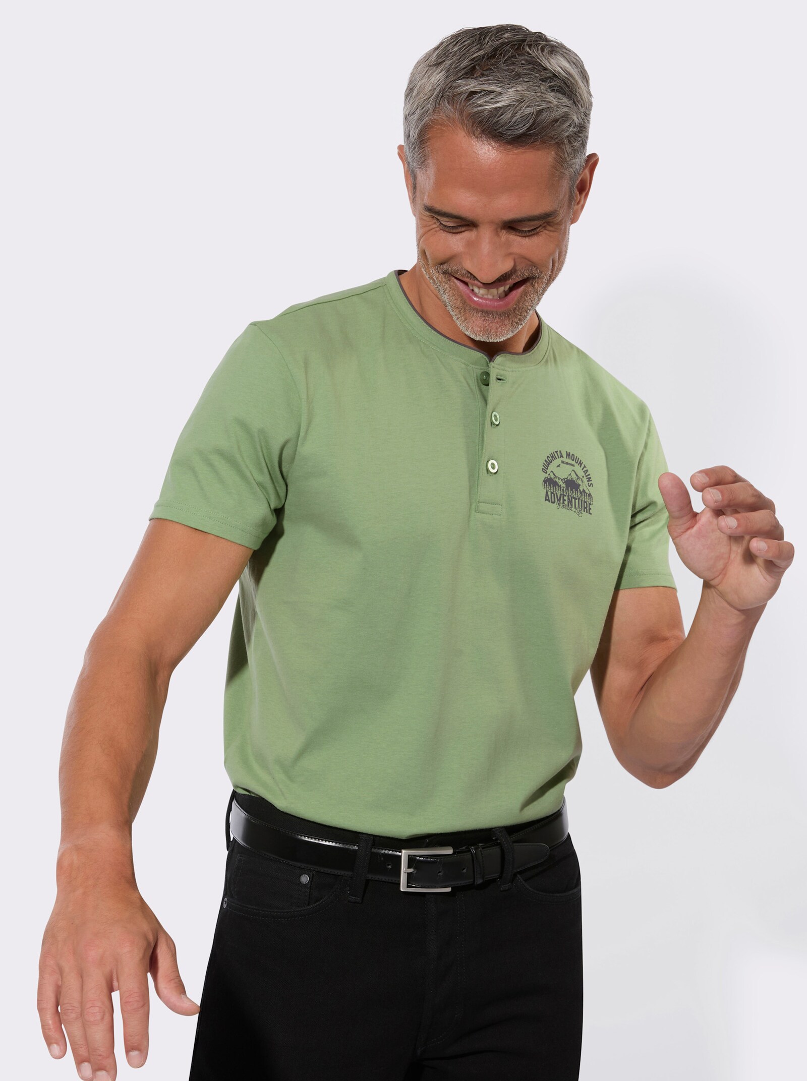 Henleyshirt mit kleinem Druck-Motiv - eucalyptus