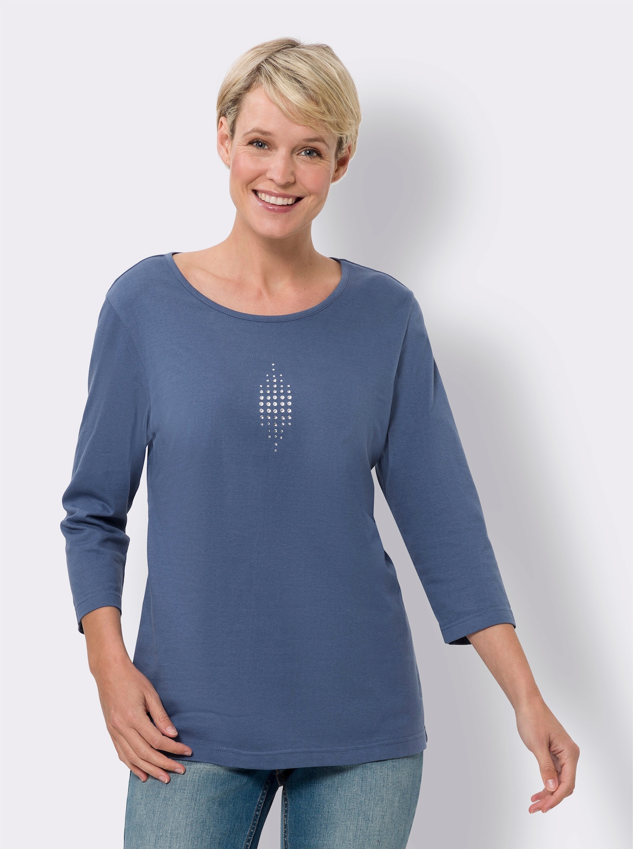 Shirt met 3/4-mouw - champagne + jeansblauw