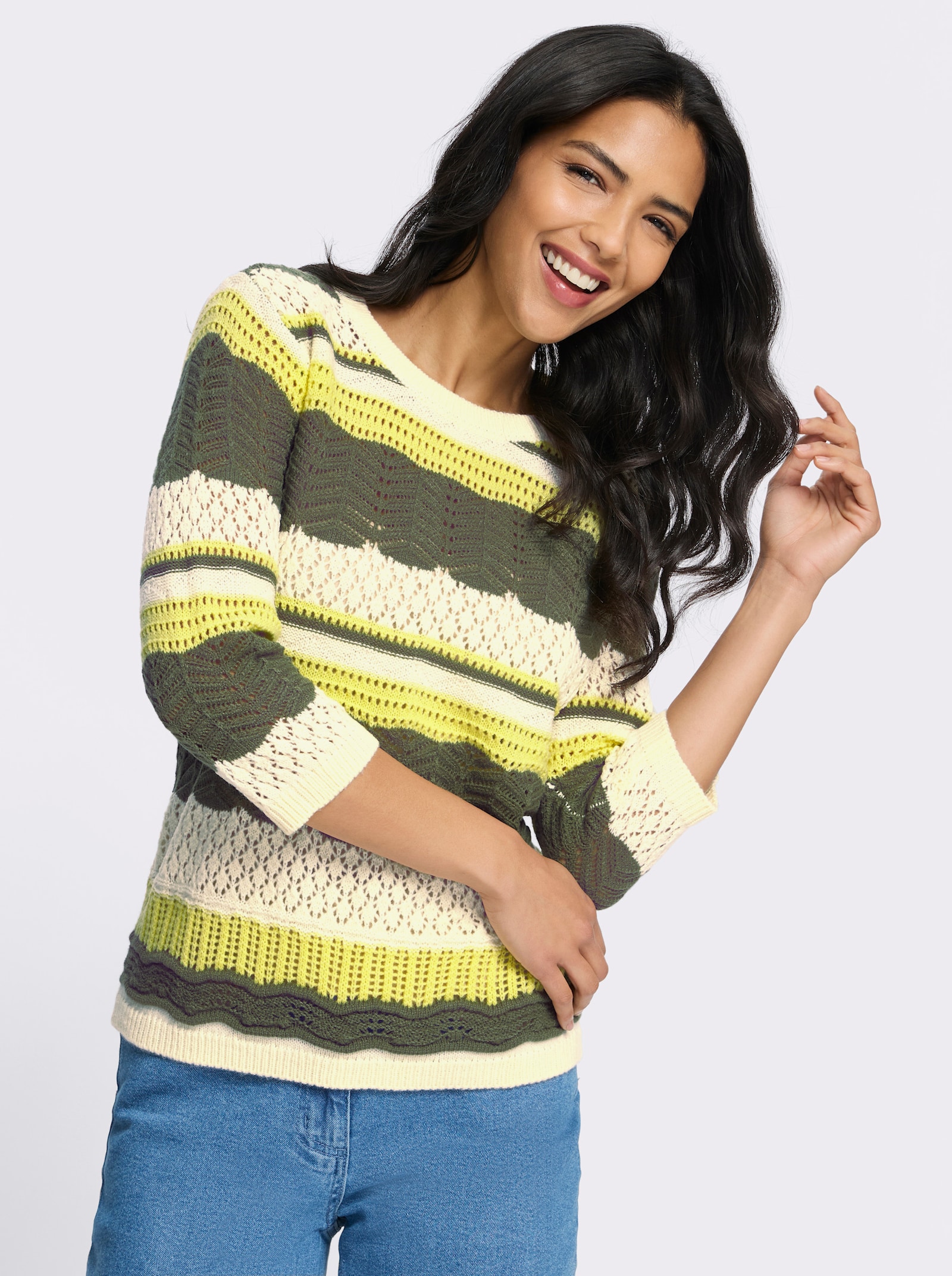 3/4 Arm-Pullover mit Ajour-Muster - khaki-zitrone-gemustert