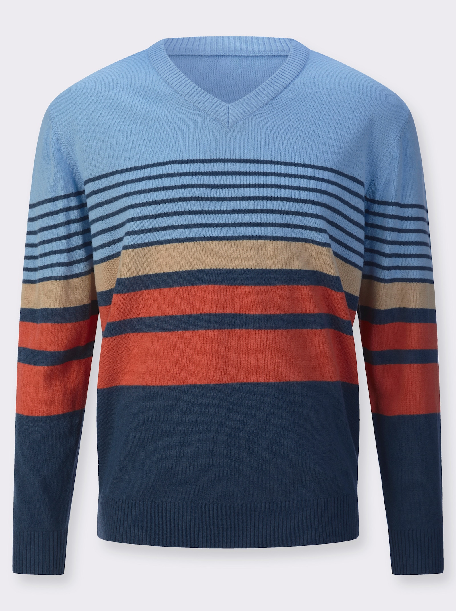 V-Ausschnitt-Pullover mit Streifen-Muster - himmelblau-terra-geringelt