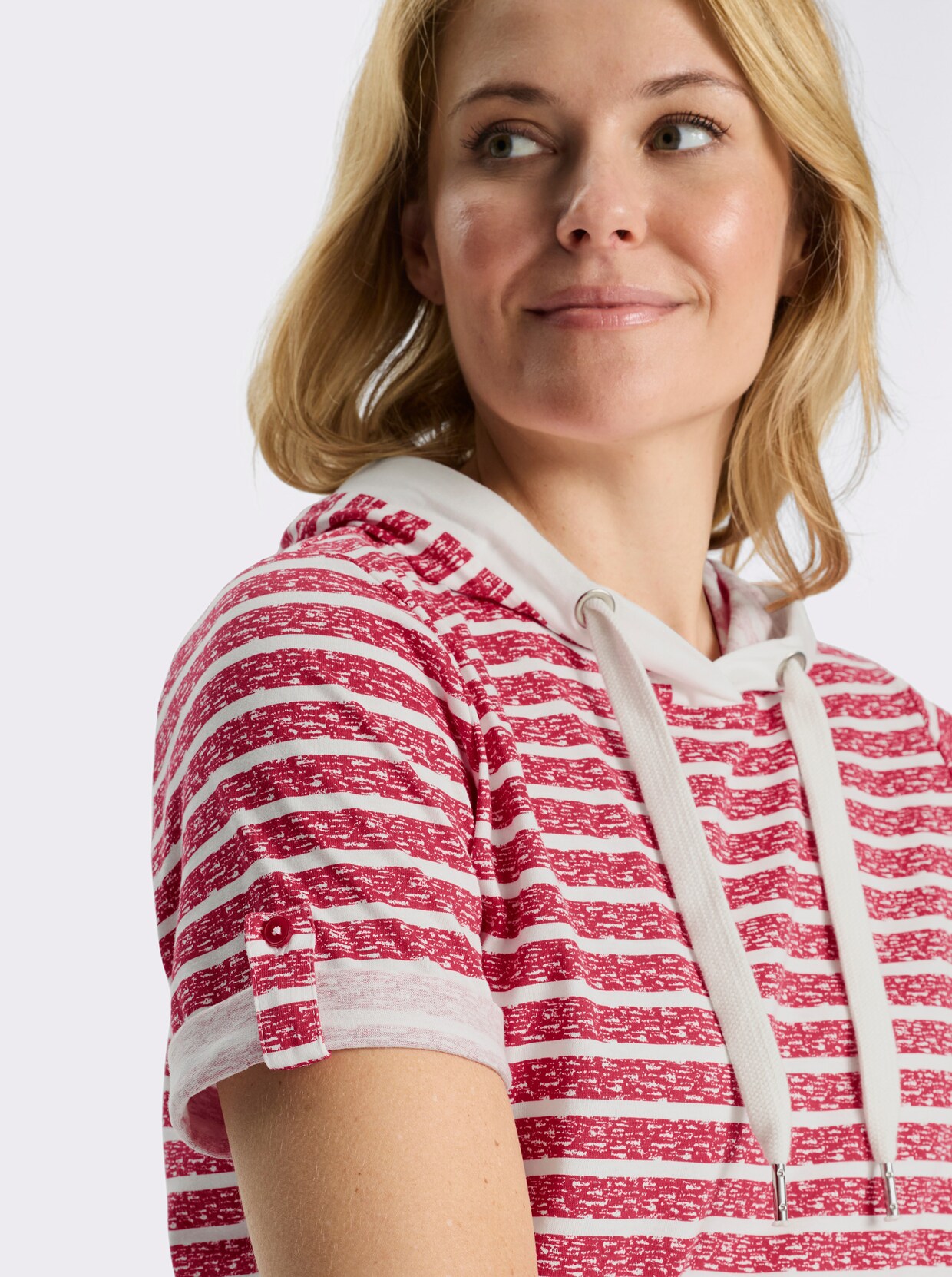 Tričko s kapucí s krátkými rukávy - červená-ecru-potisk