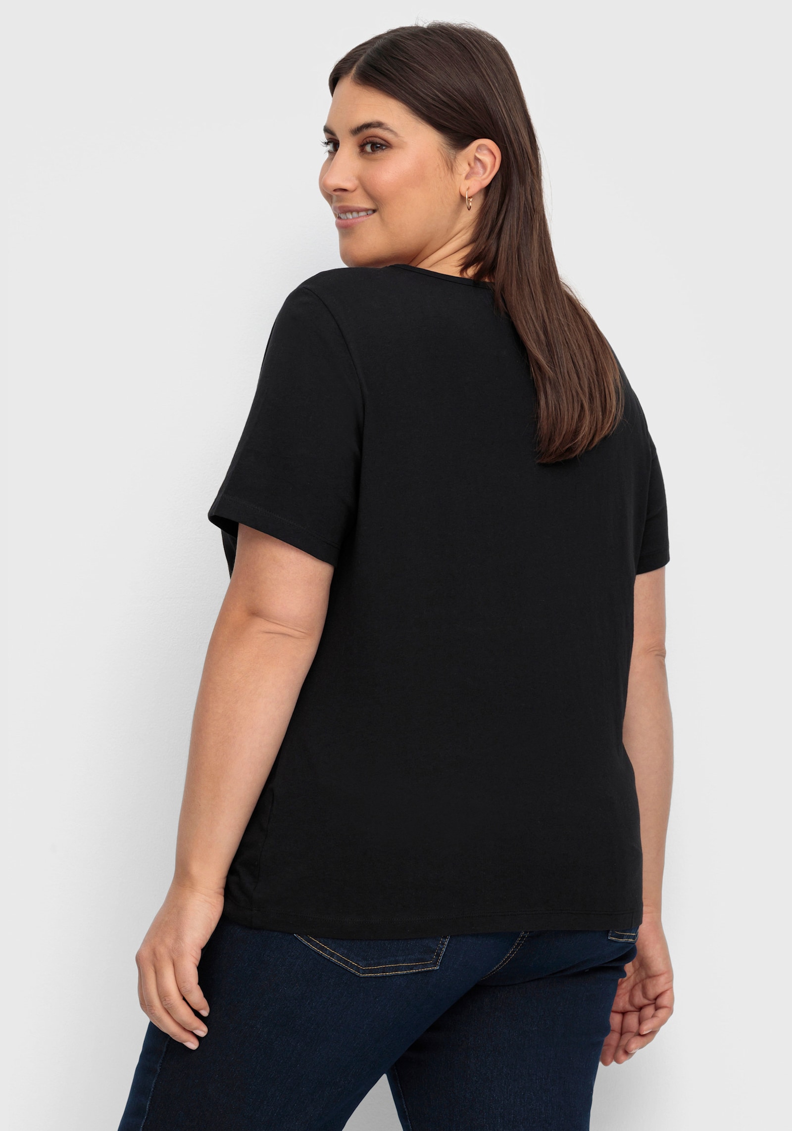 Kurzarmshirt mit Steinchen verziert - schwarz