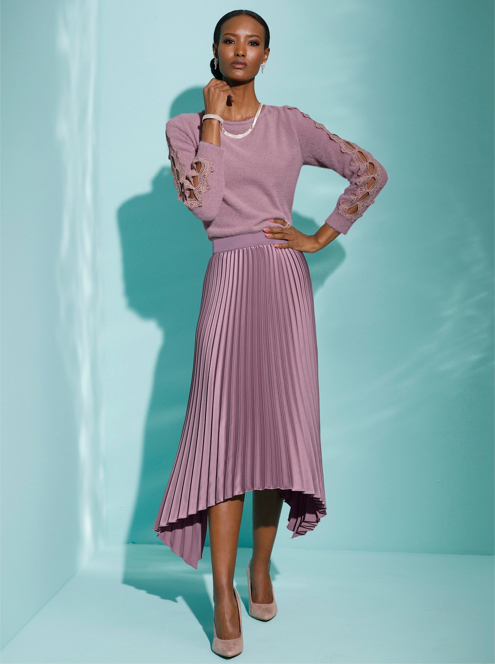 Langarm-Pullover mit U-Boot-Ausschnitt - mauve