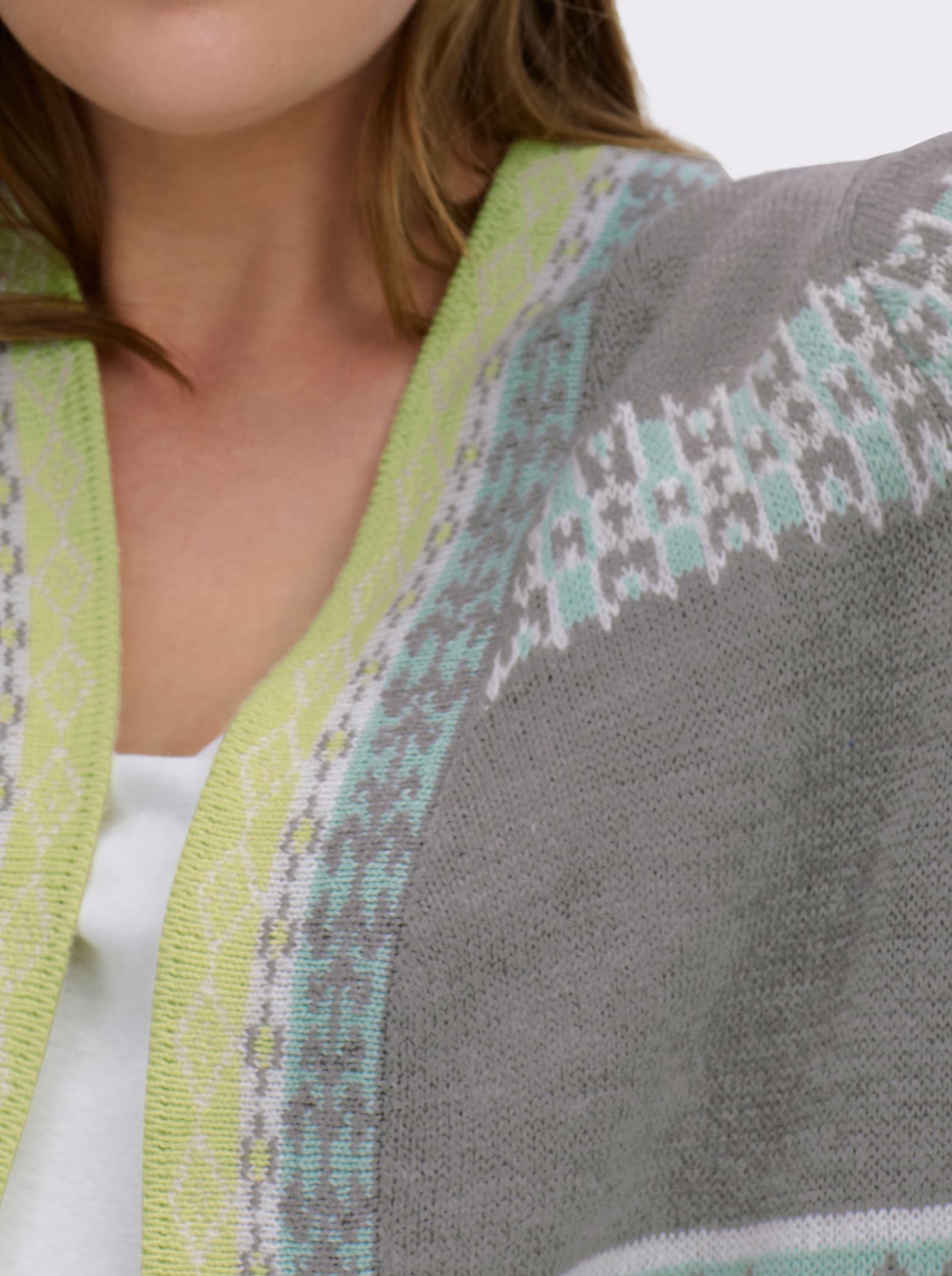 Longstrickjacke im Jacquard-Muster-Mix - kalkmint-grau-gemustert