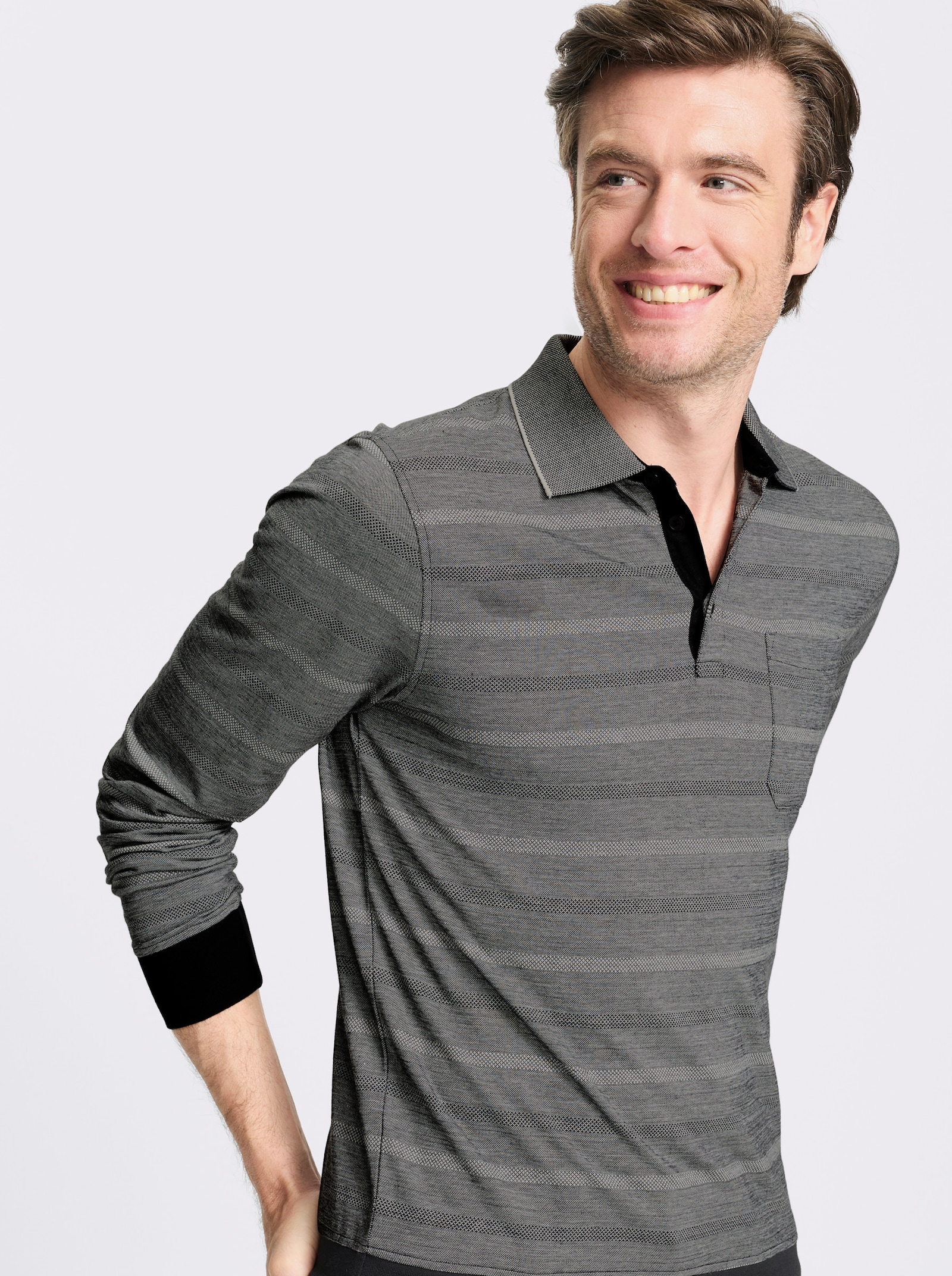 Marco Donati Langarm-Poloshirt mit Jacquard-Muster - hellgrau-gemustert