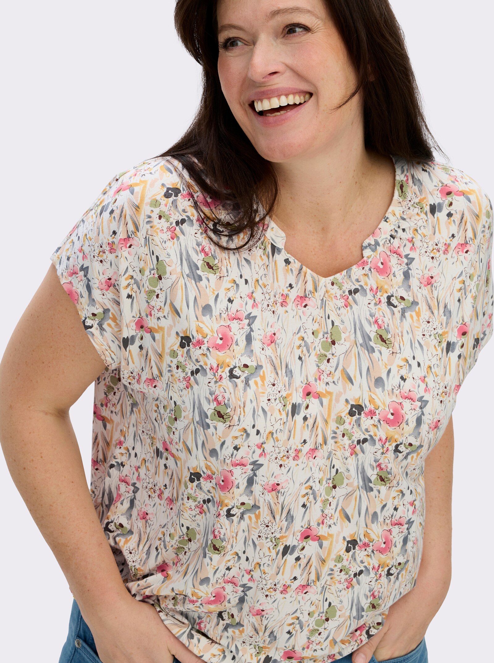Print-Shirt mit kleinem V und Raffung am Ausschnitt - ecru-bedruckt