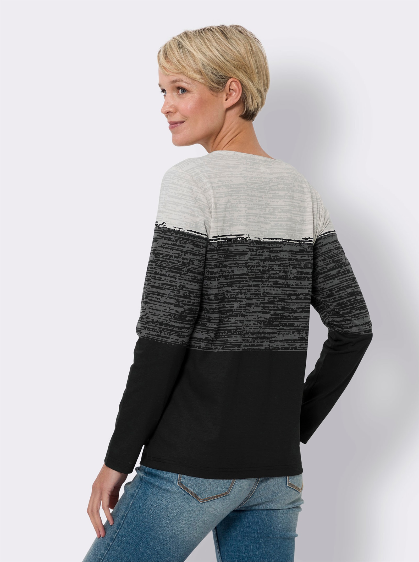 Långärmad topp med dekorknappar - ljusgrå-svart-med tryck