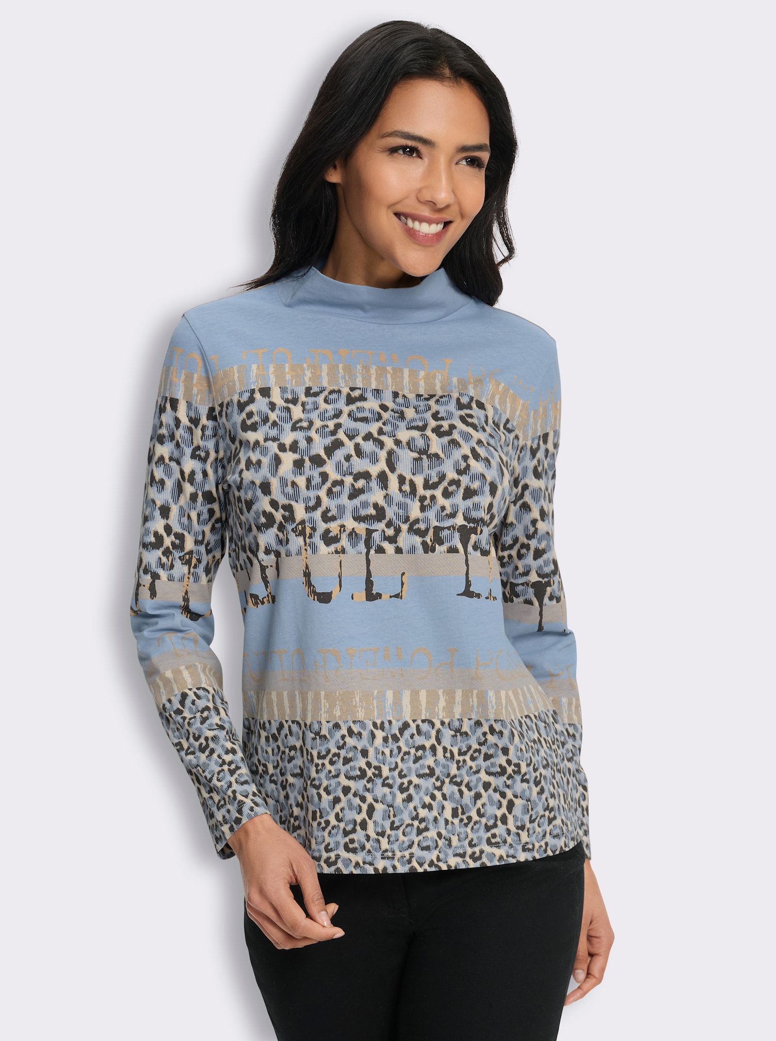 Stehkragenshirt im Animal-Dessin - bleu-sesam-bedruckt
