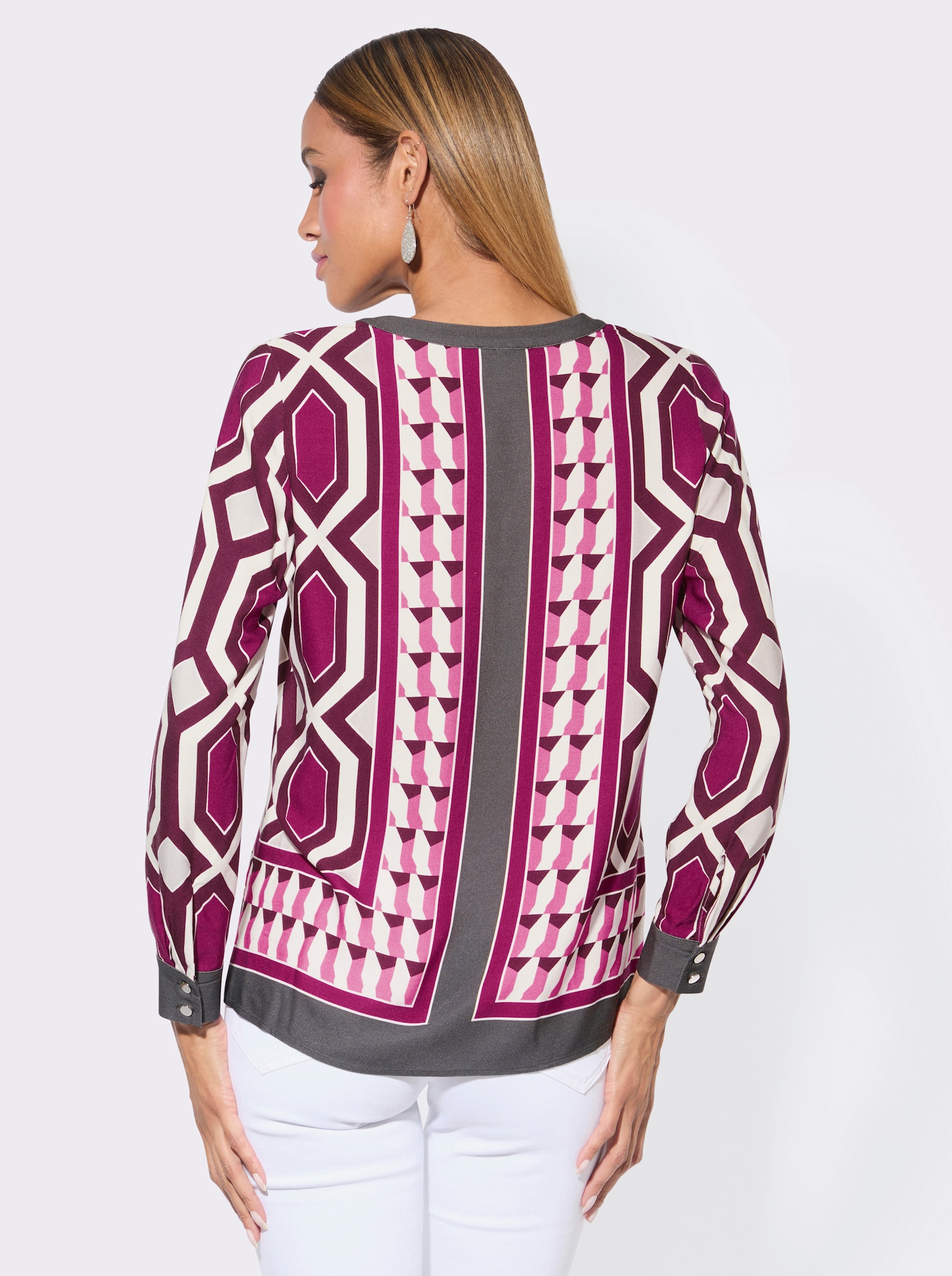 Schlupfbluse mit Seitenschlitzen - malve-graphit-bedruckt