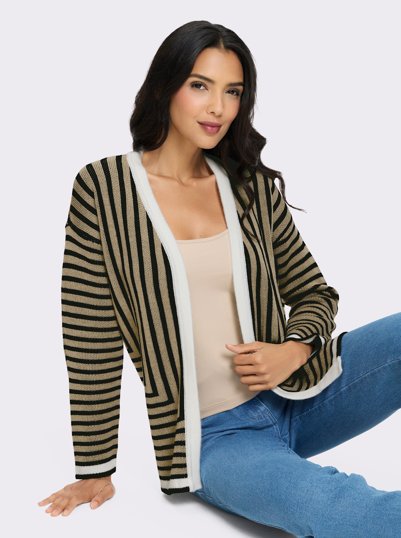 Strickjacke in offener Form - beige-schwarz-gestreift