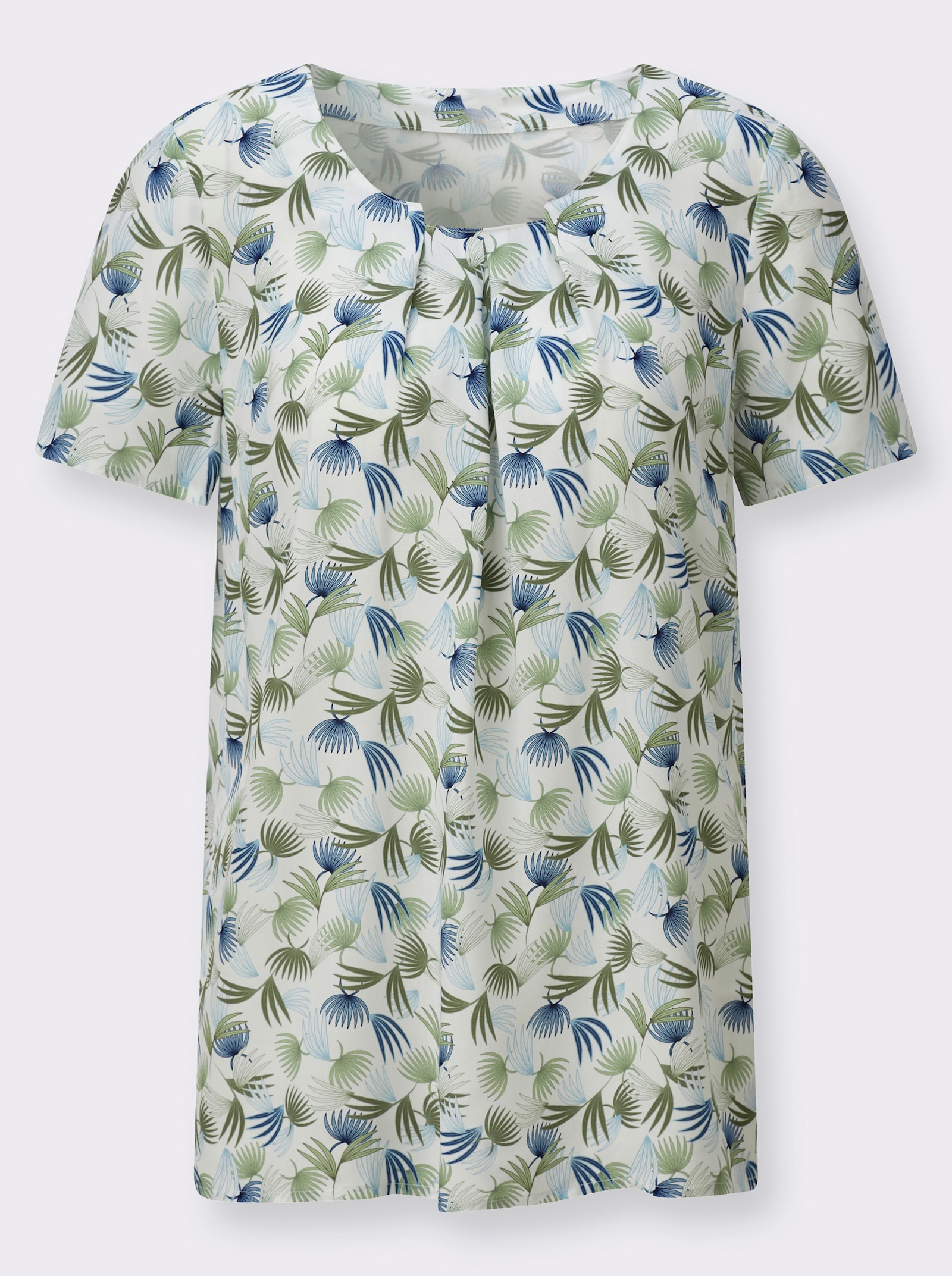 Druckbluse mit Seitenschlitzen - reseda-eisblau-bedruckt
