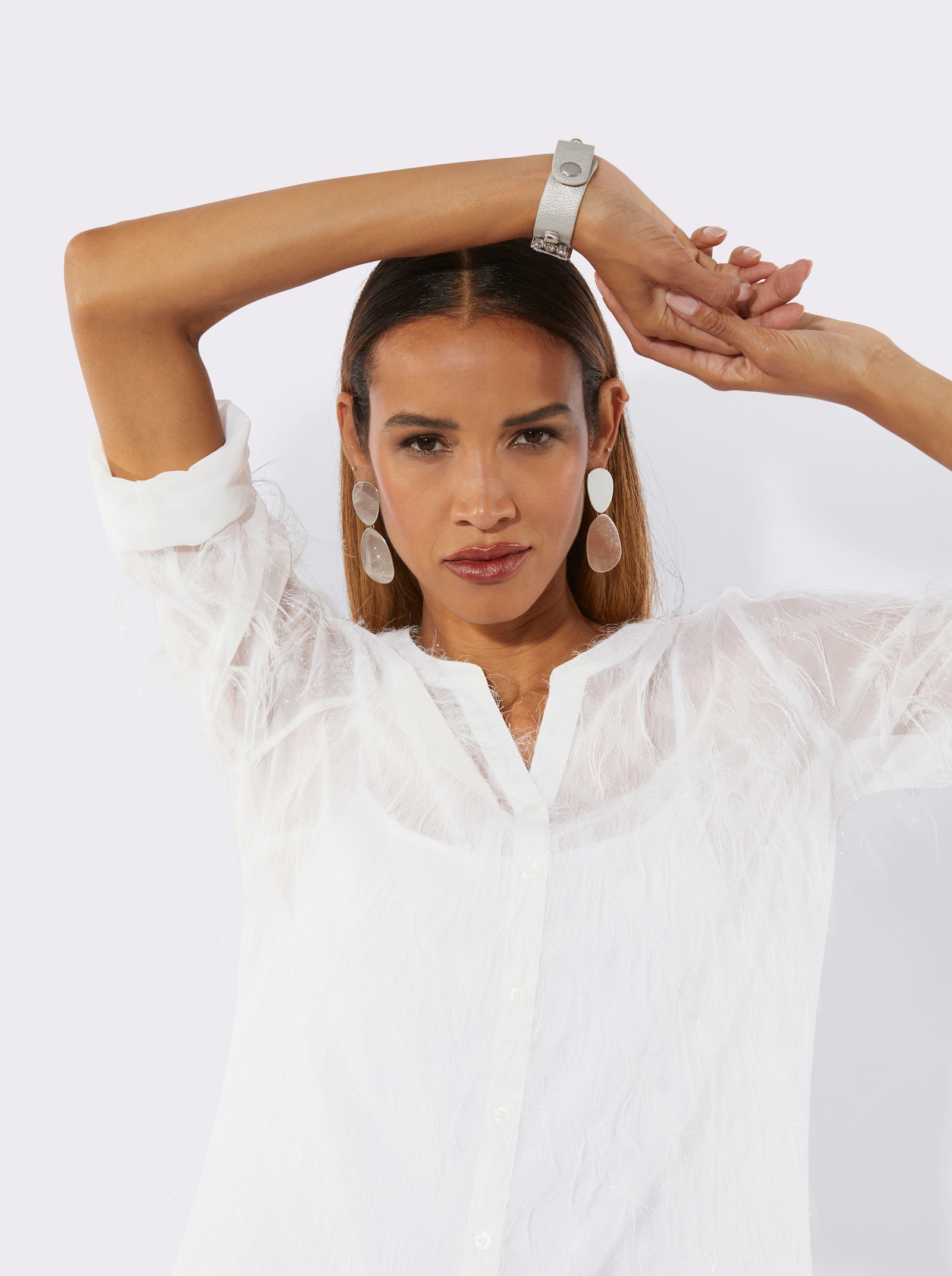 Langarmbluse mit Krempel-Ärmel - ecru