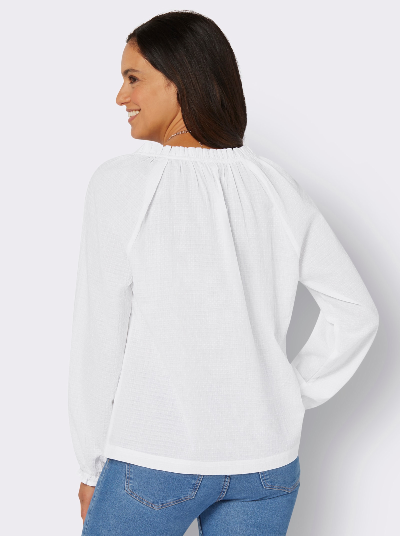 Langarmbluse mit Raffung, strukturiert - ecru