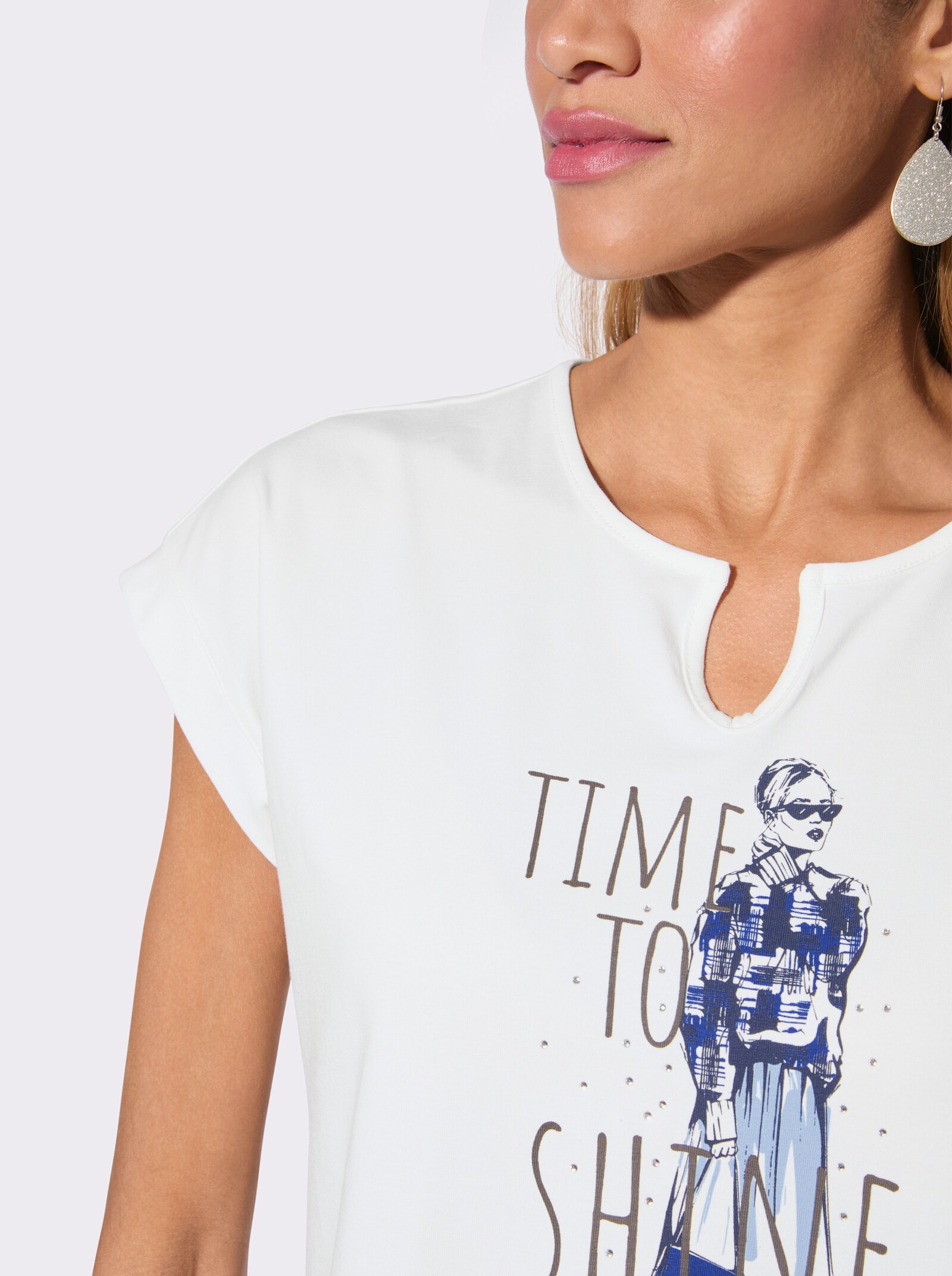 Rundhalsshirt mit Druckmuster und Glitzersteinchen - ecru-royalblau-bedruckt