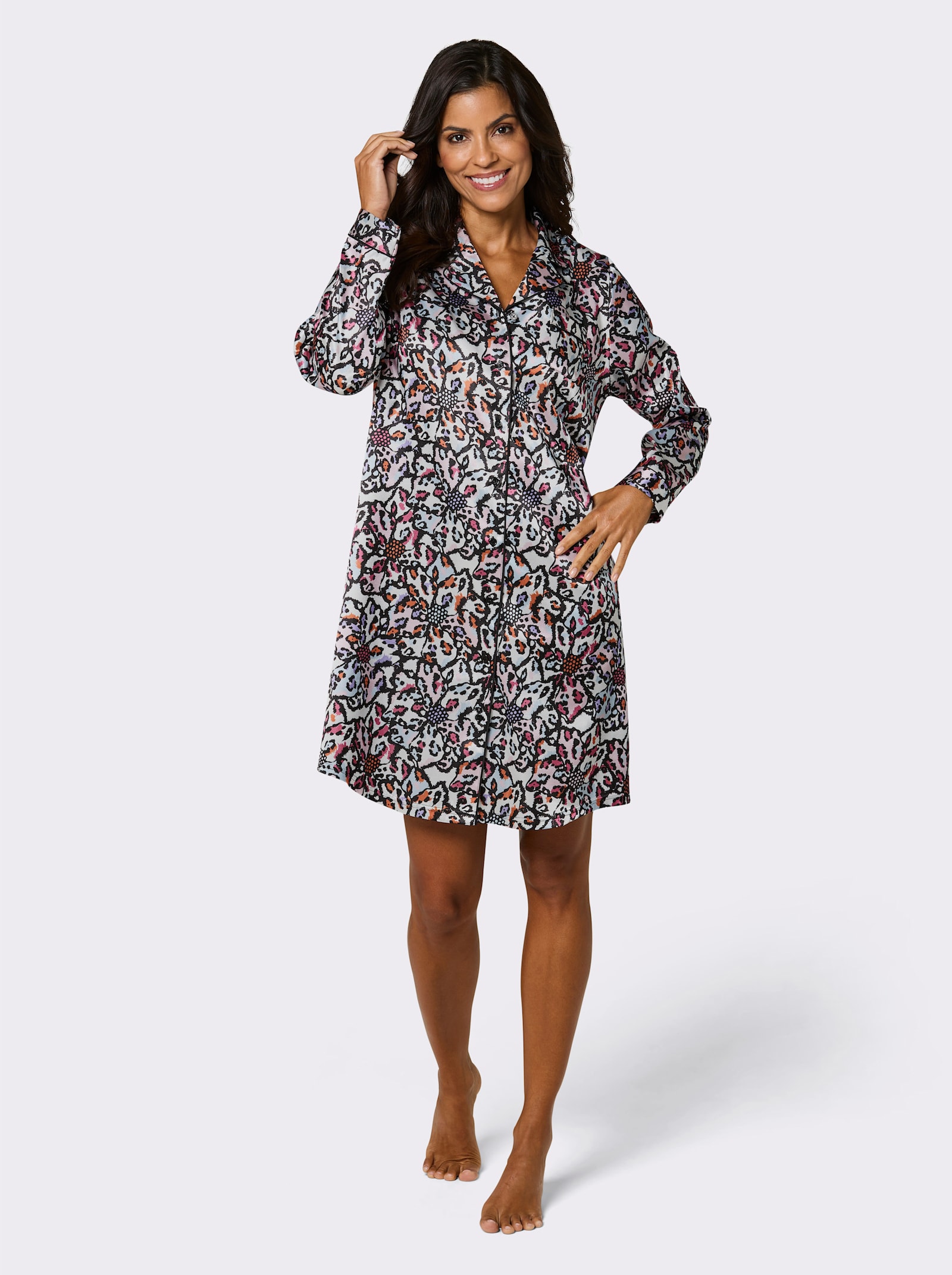 wäschepur Langarm-Sleepshirt mit durchgehender Knopfleiste - schwarz-fuchsia-bedruckt